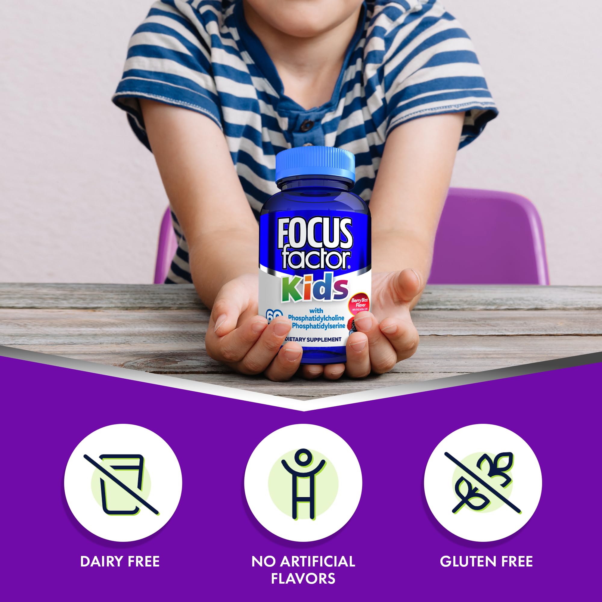 Focus Factor Kids composition nutritionnelle : formulé sans colorants artificiels ni additifs.