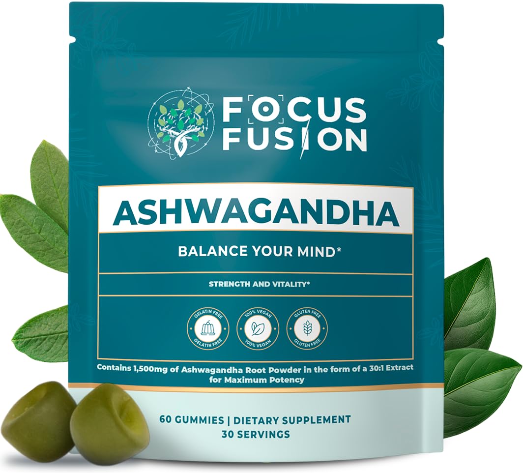 Gommes Focus Fusion Ashwagandha en flacon, format pratique et dégustation agréable.
