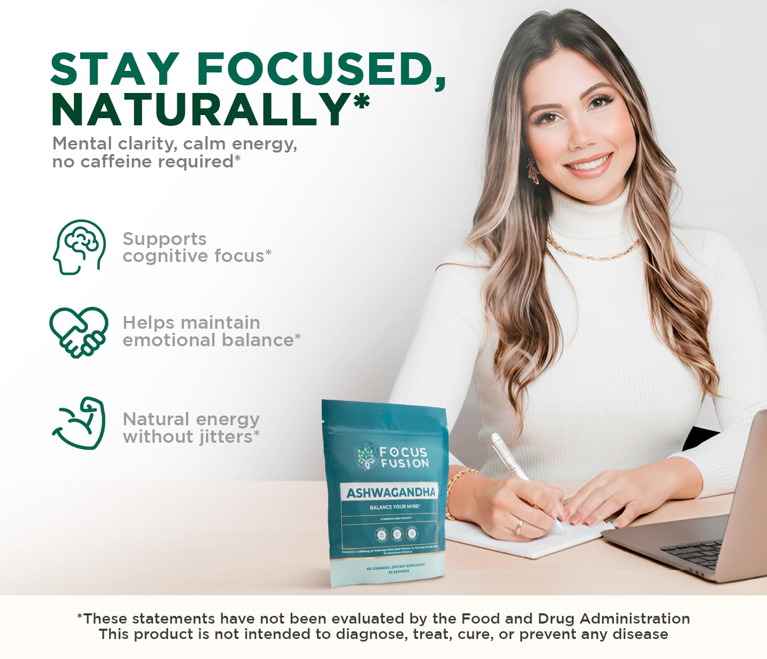 Gommes Focus Fusion Ashwagandha avec vitamine D2 et zinc, soutien quotidien.