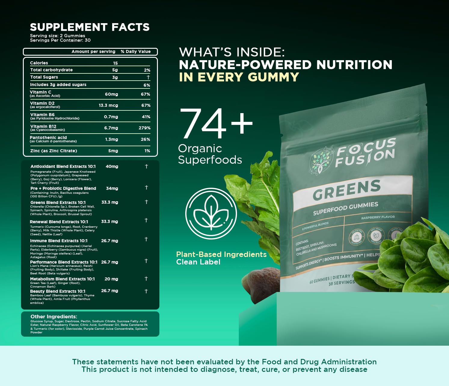 Ingrédients végétaux et fruits dans Focus Fusion Supergreen, mélange 74 fruits et légumes.
