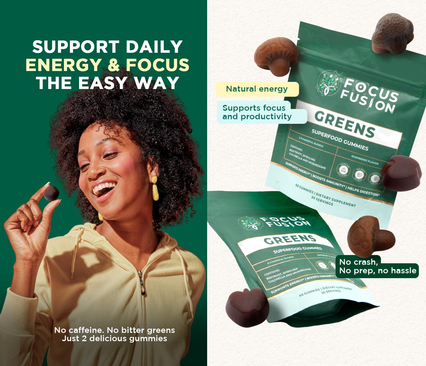 Gommes Focus Fusion Supergreen au kiwi, mélange végétal pour énergie légère.