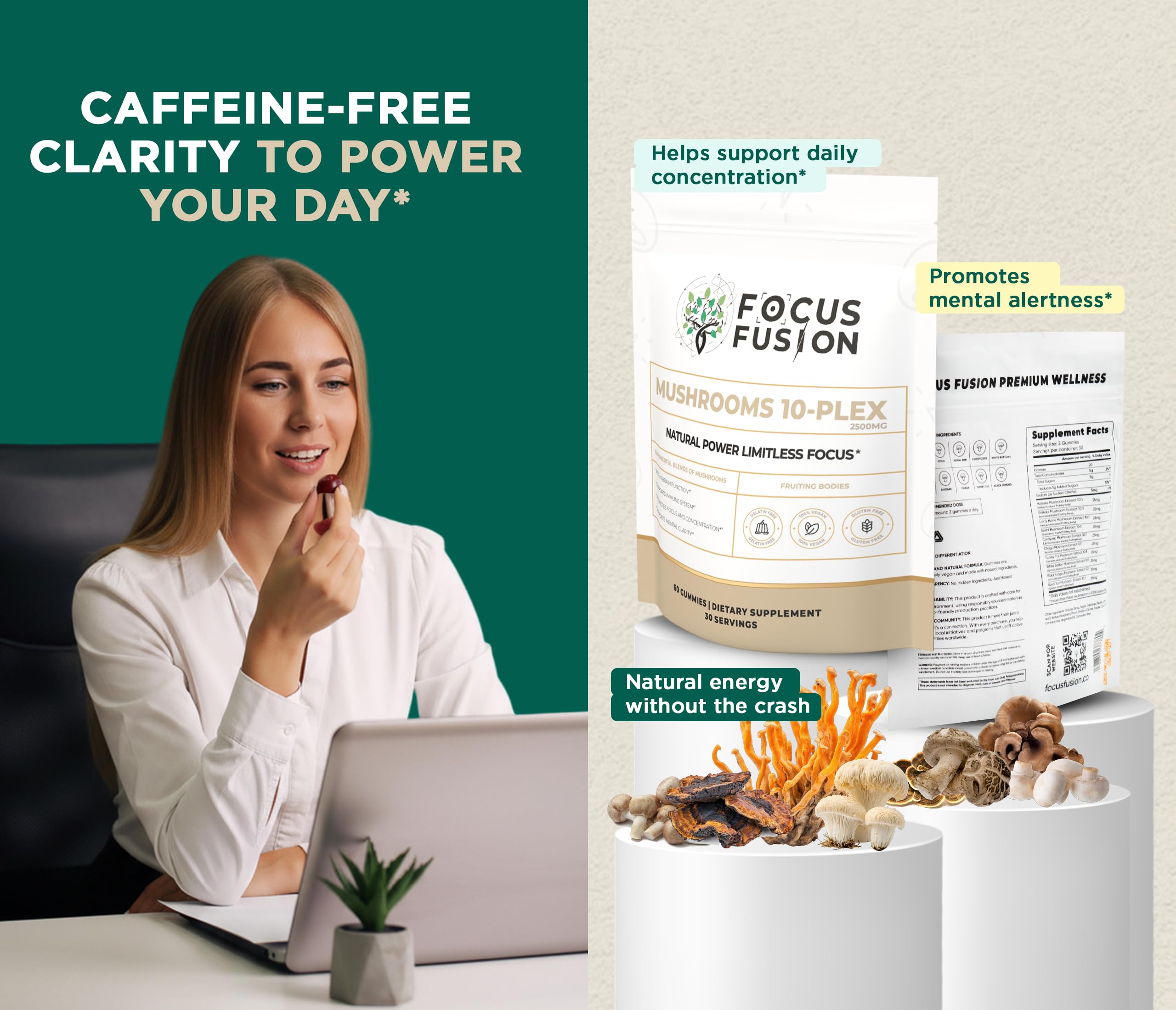 Focus Fusion crinière de lion, vue rapprochée, soutien potentiel à la concentration durant la journée.