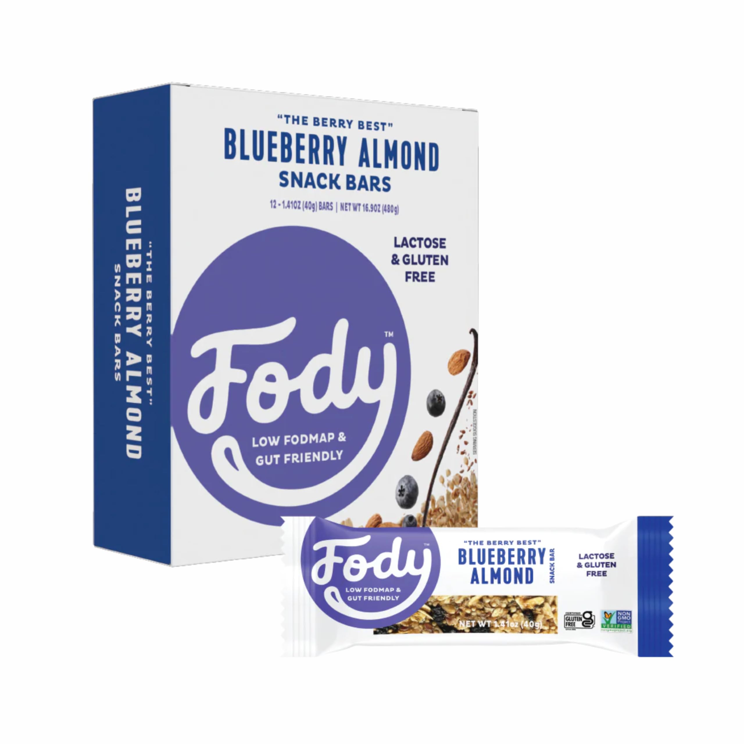Barres Fody bleuets et amandes en paquet de 12, snack équilibré.