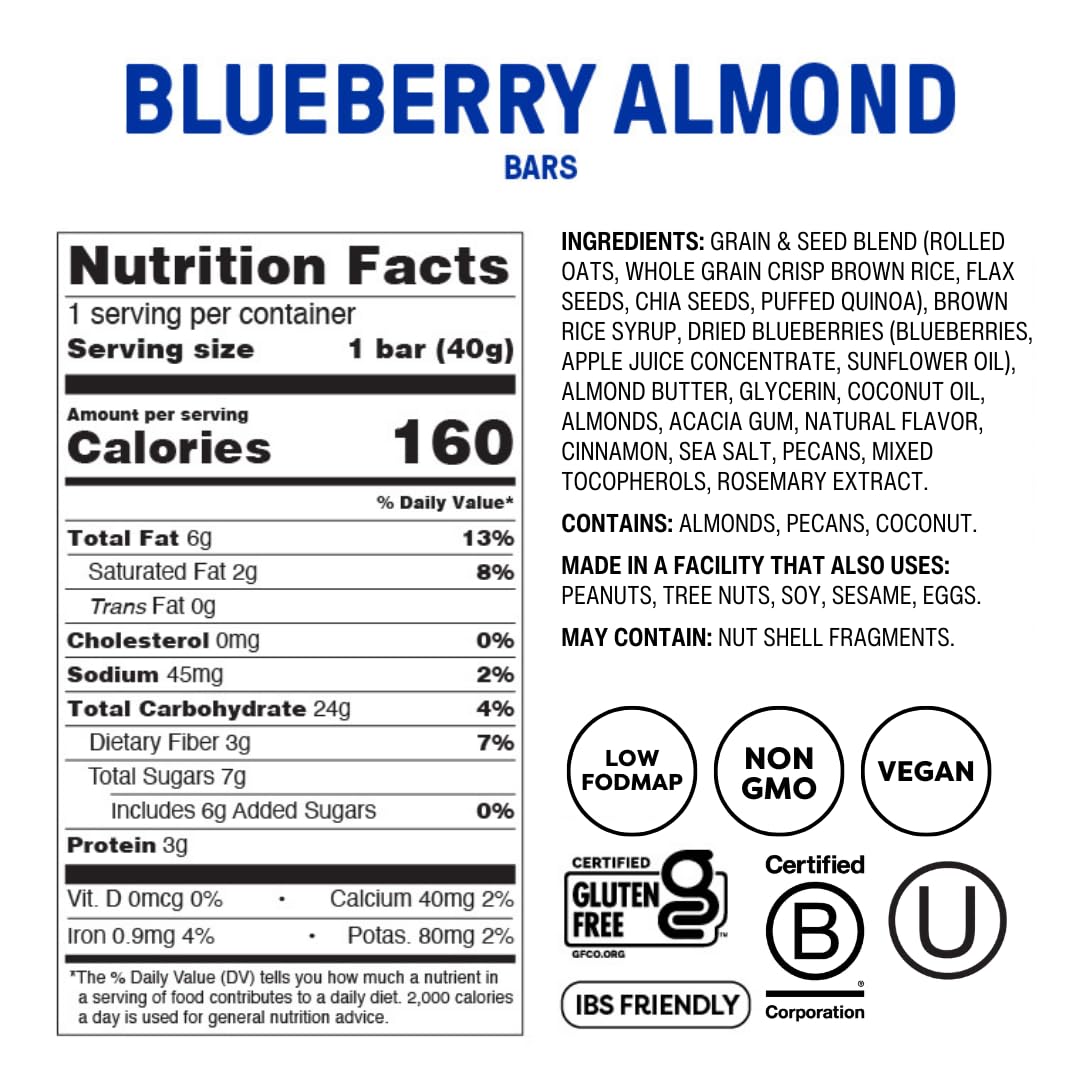 Premier plan d'une barre Fody bleuets et amandes, saveur gourmande.