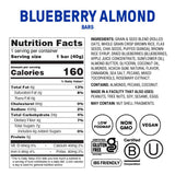 Premier plan d'une barre Fody bleuets et amandes, saveur gourmande.