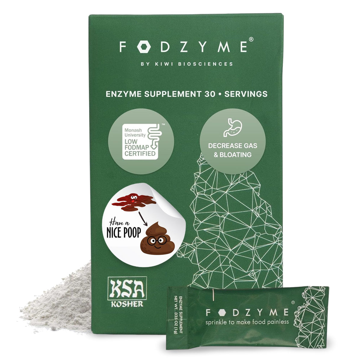 FODZYME: la bouteille d'enzymes digestives pour un usage pratique après le repas.