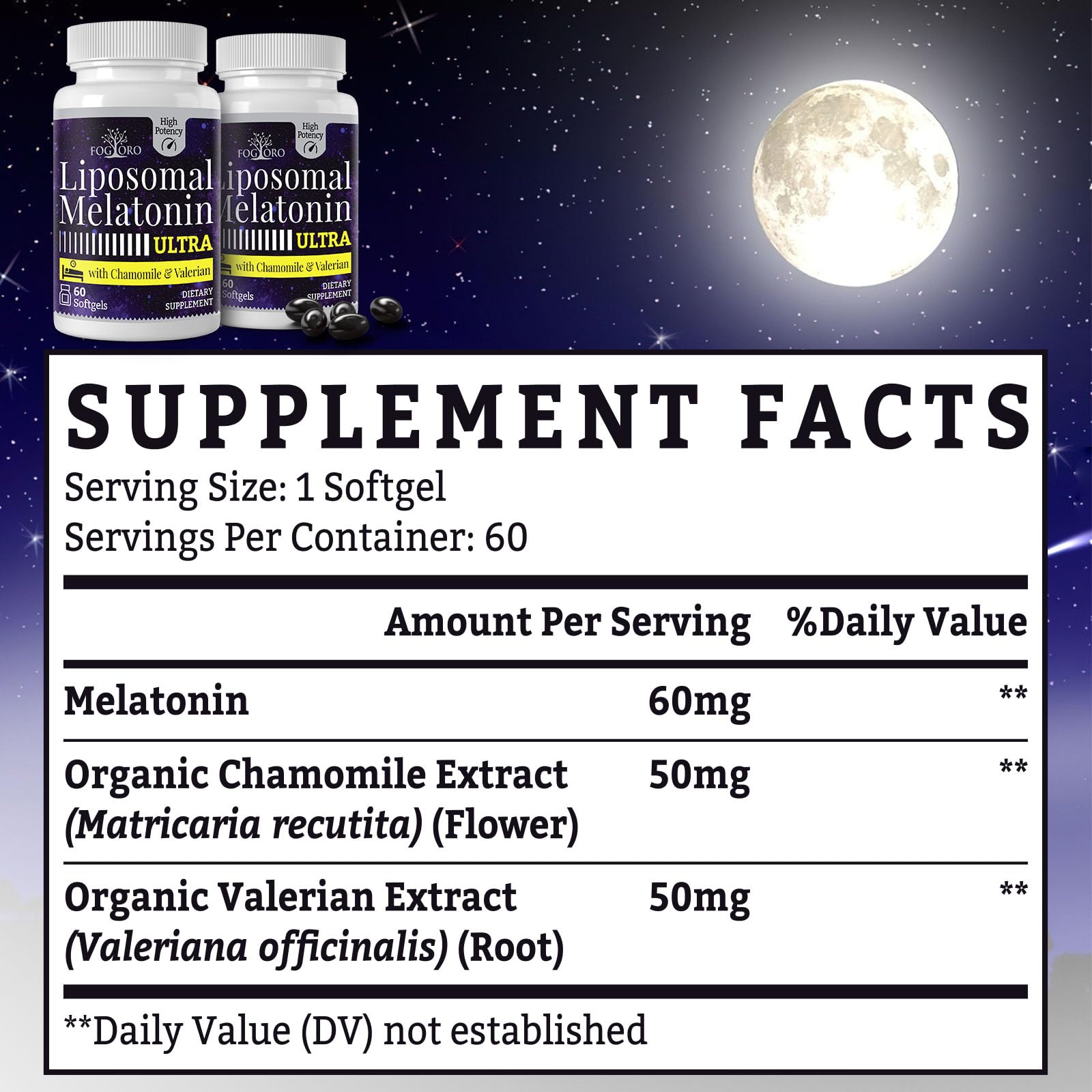 Fogoro Mélatonine 60 mg – Mélange camomille biologique et valériane pour le sommeil.