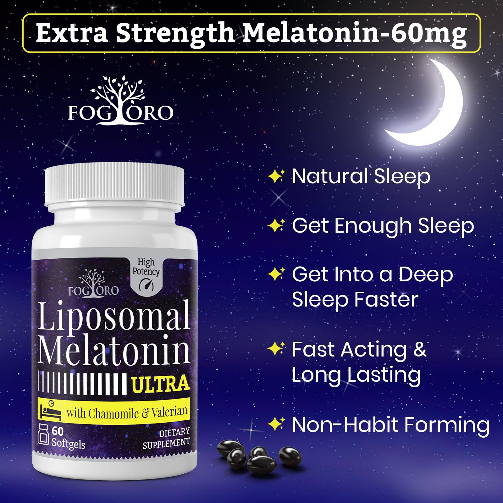 Fogoro Mélatonine 60 mg – Formulation sans gluten, respectueuse des normes.