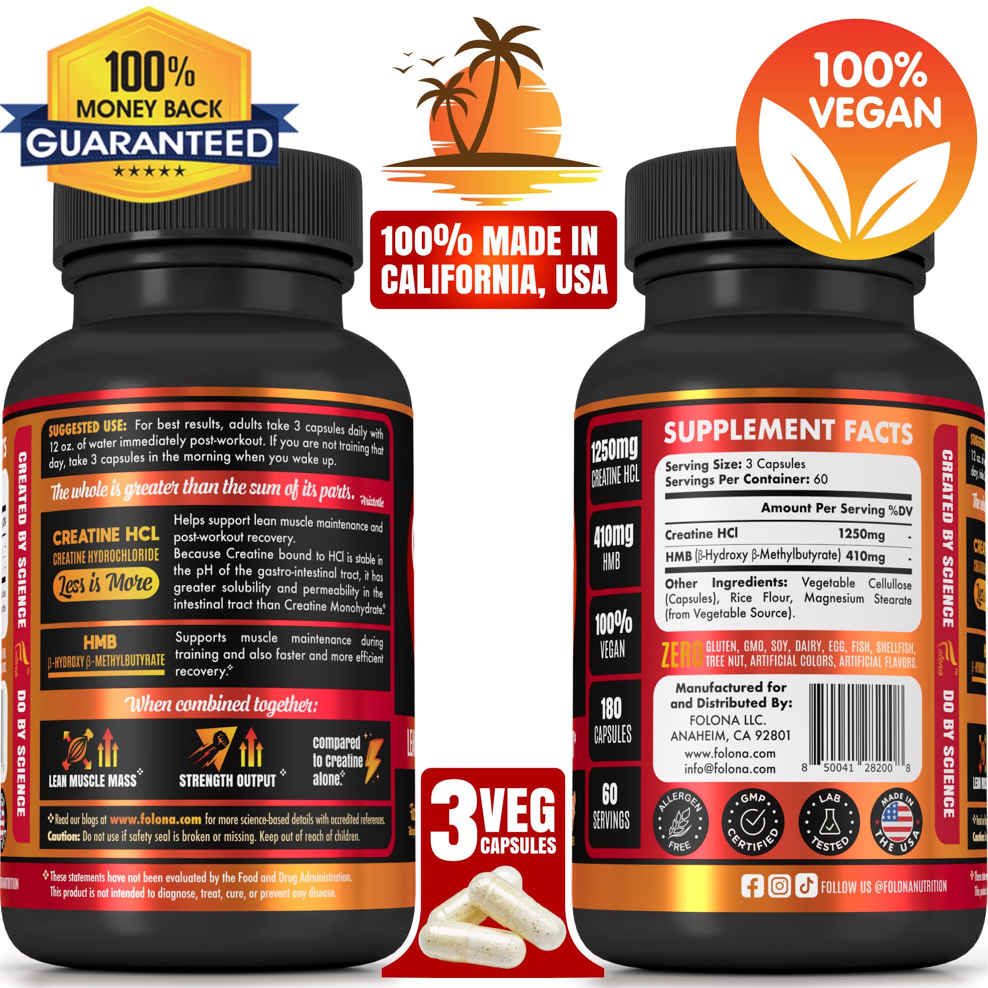 Folona Creatine HMB – capsules en bouteille prête à l'usage.
