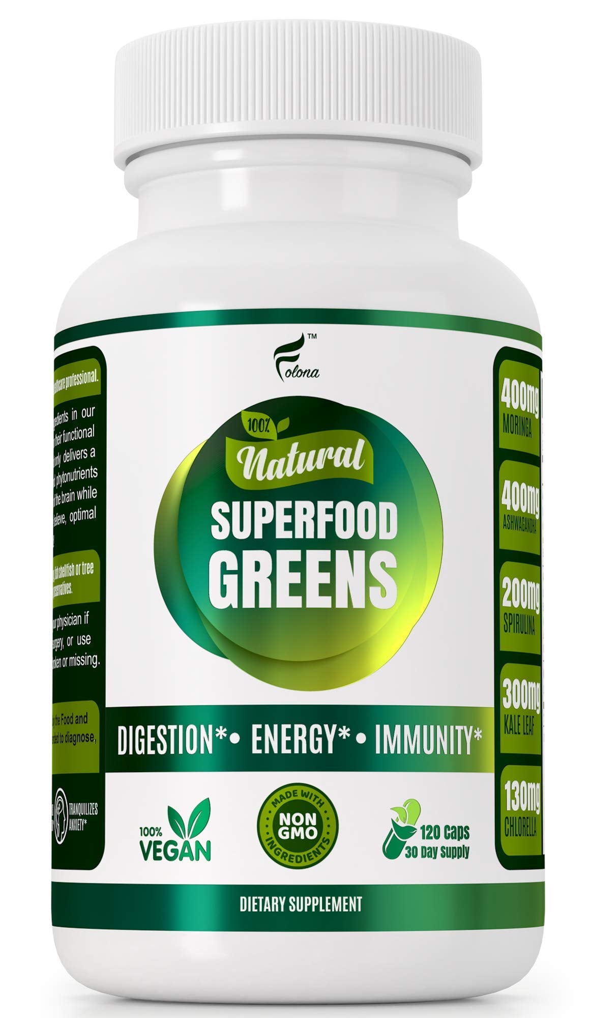 Gélules Folona Super Greens et Ashwagandha en bouteille pour énergie potentielle.