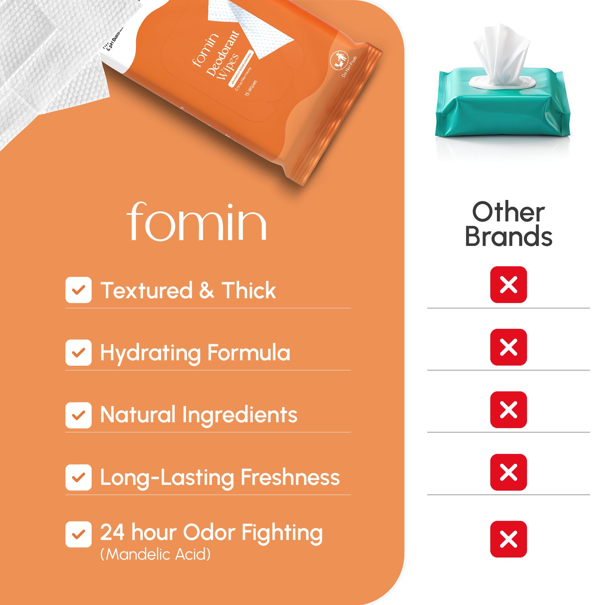 Lingette individuelle FOMIN Acidified Déodorant Wipes, texture douce pour une utilisation ciblée.