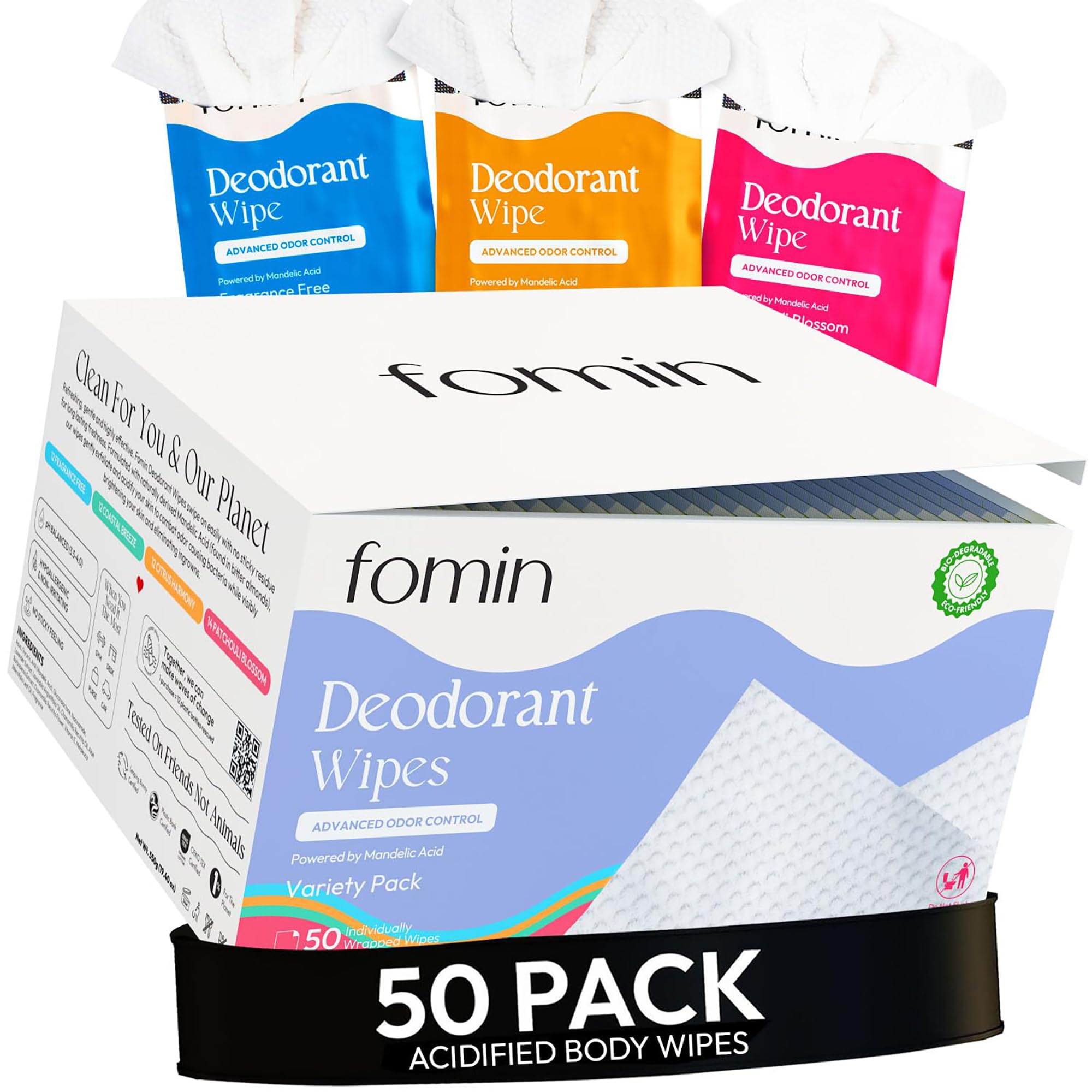 Lingettes FOMIN acidifiées pour voyage, rafraîchissent les aisselles en déplacement.