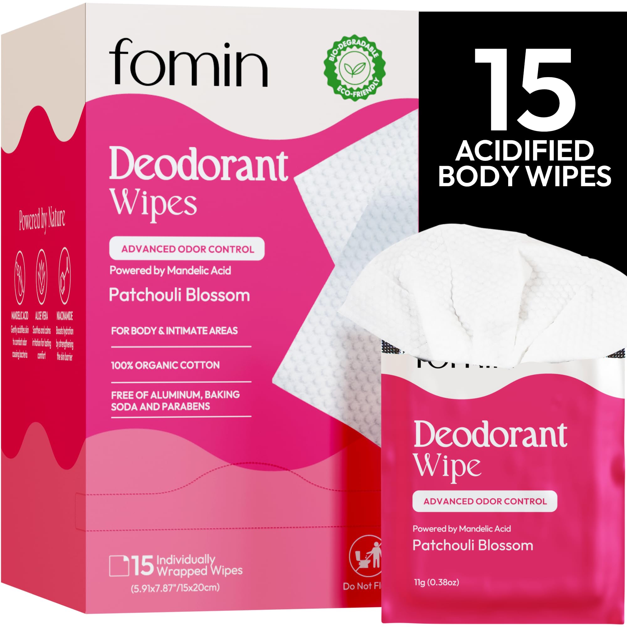 Lingettes déodorantes FOMIN Patchouli Blossom format voyage, fraîcheur rapide.
