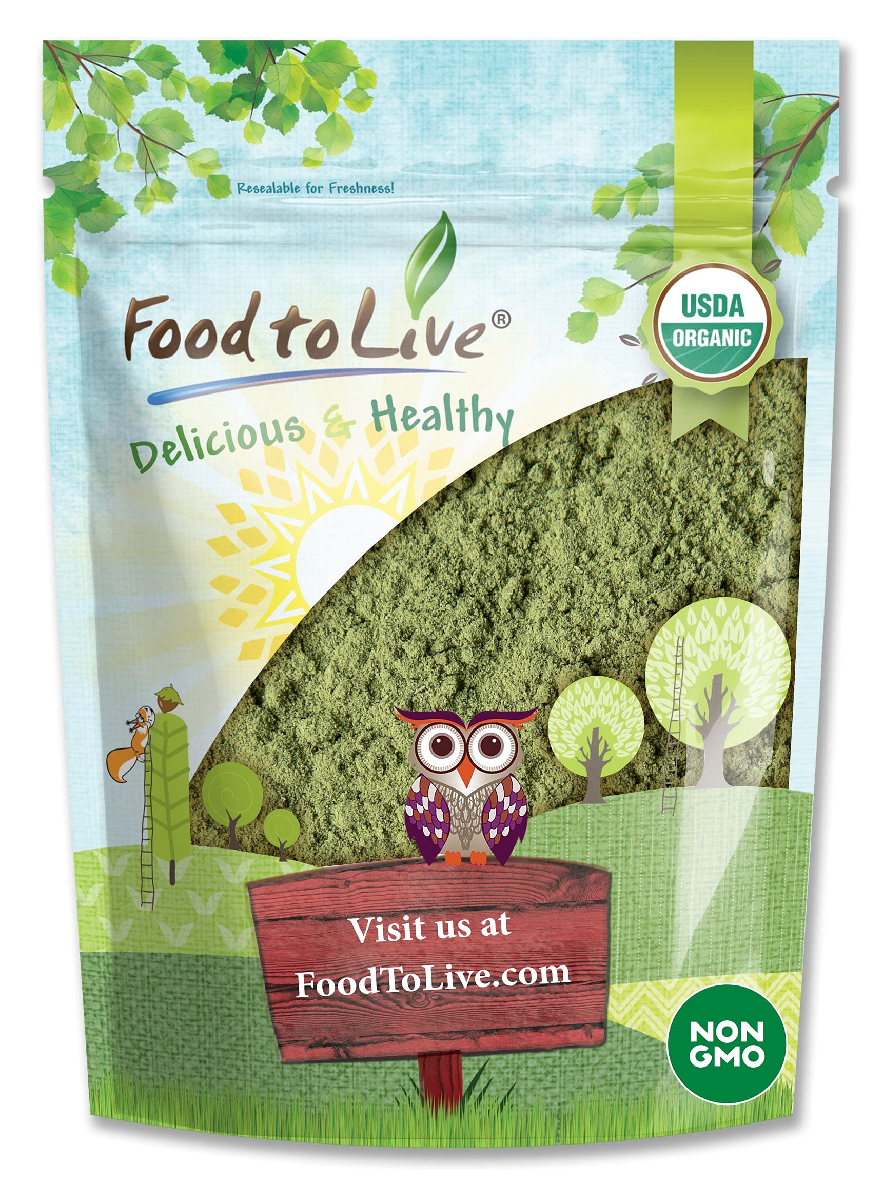 Poudre d'alfalfa Food to Live dans son pot prête à être ajoutée aux boissons