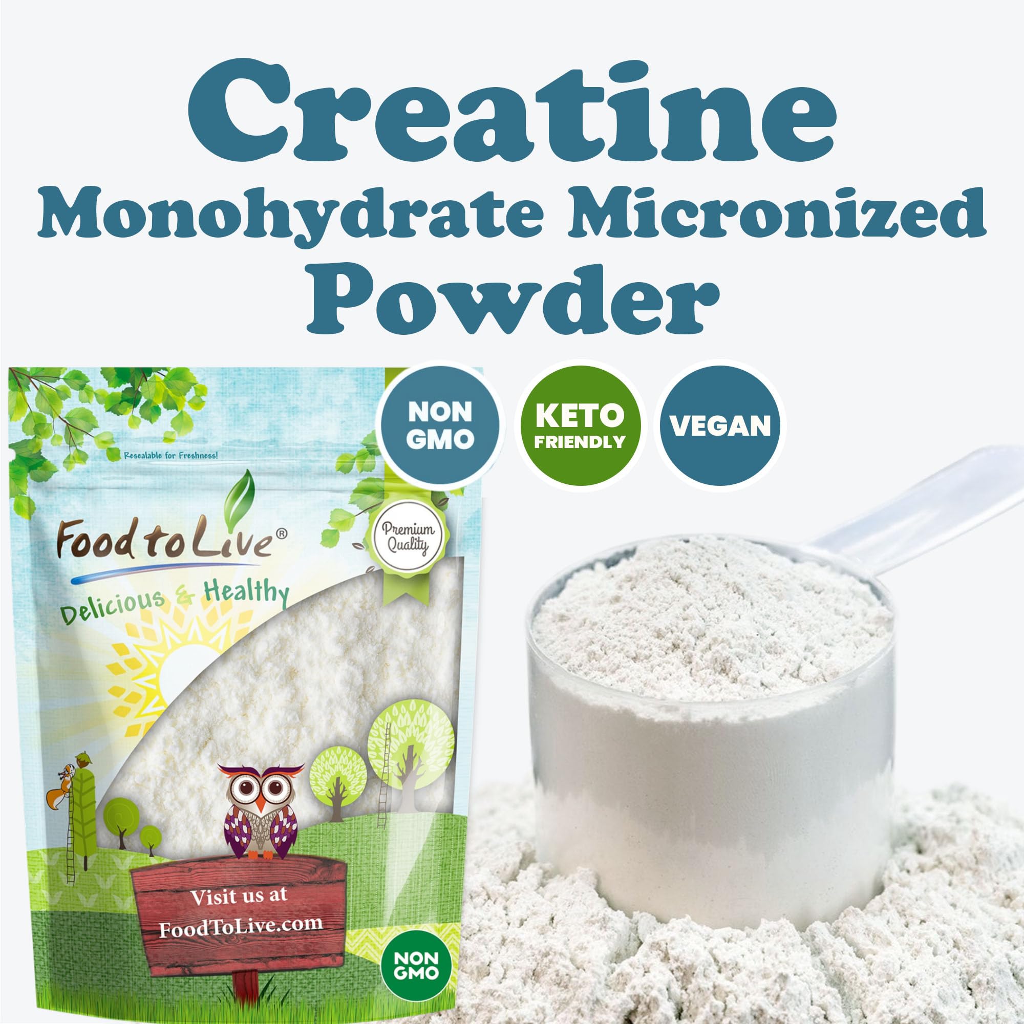 Food to Live Creatine Monohydrate micronisée, adapté aux régimes végan et sans OGM.