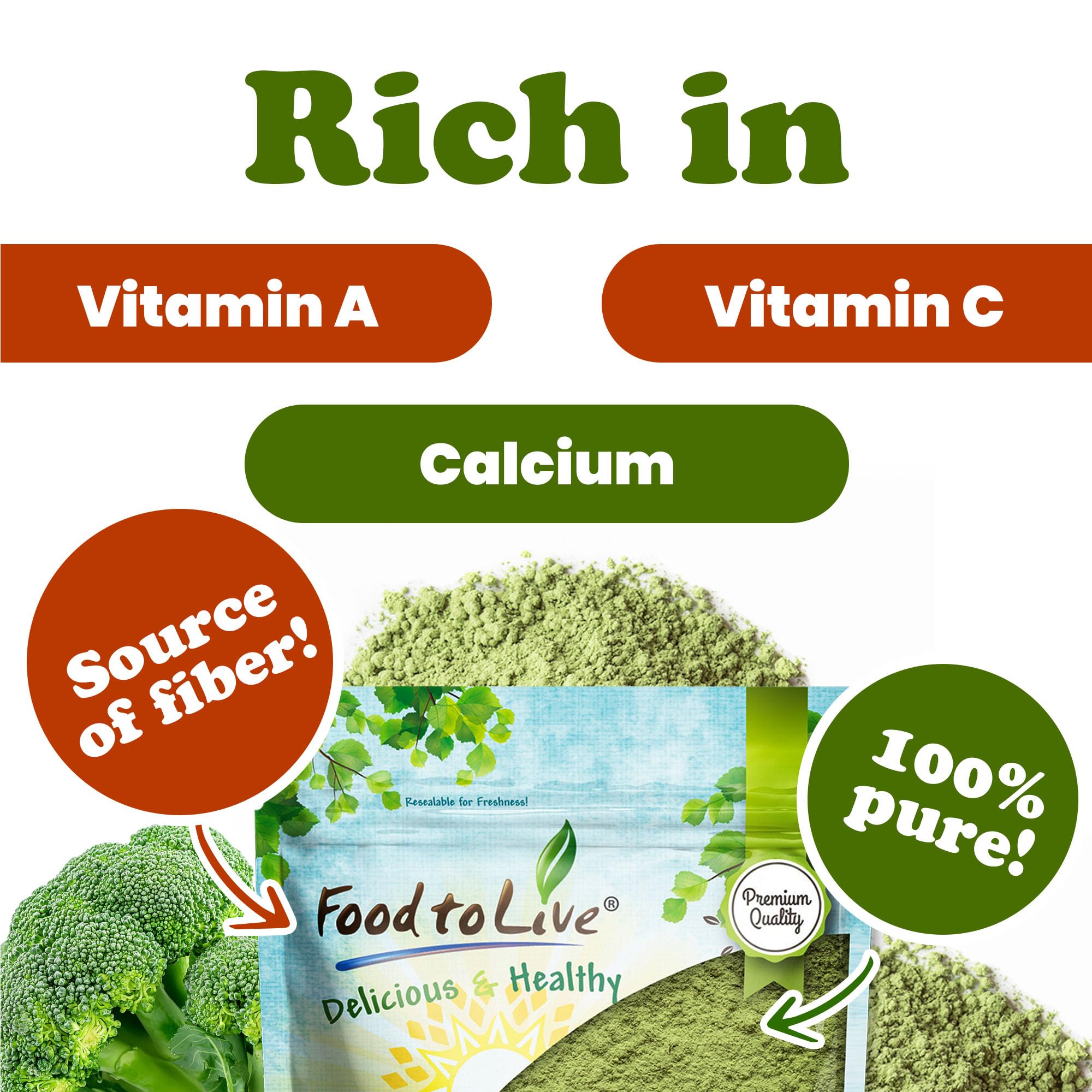 Food to Live Poudre de Brocoli – emballage refermable pour conserver la fraîcheur.