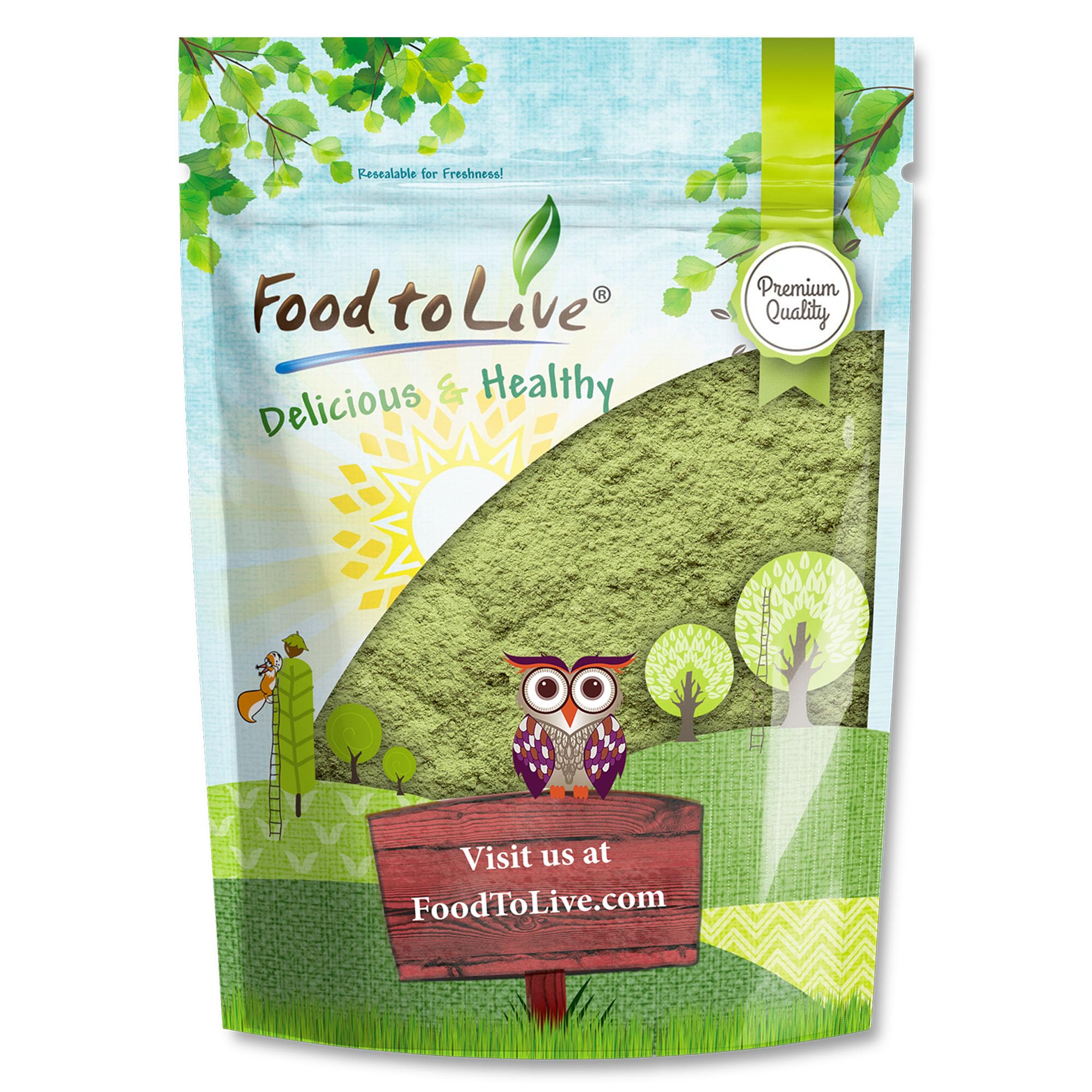 Poudre de brocoli Food to Live dans un emballage refermable pour garder la fraîcheur.