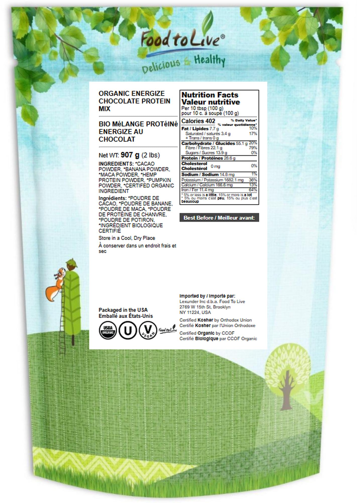 Food to Live Energize chocolat smoothie – boisson végétale nourrissante au goût chocolat.