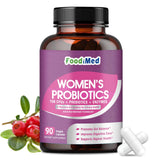 FoodiMed Probiotiques pour Femmes, bouteille ouverte montrant la posologie quotidienne et le confort digestif.