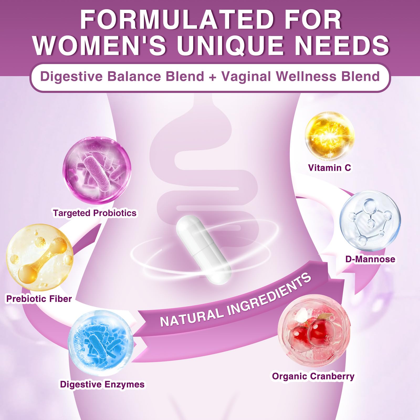 FoodiMed Probiotiques pour Femmes, dose quotidienne illustrée, rappelant le soutien digestif.