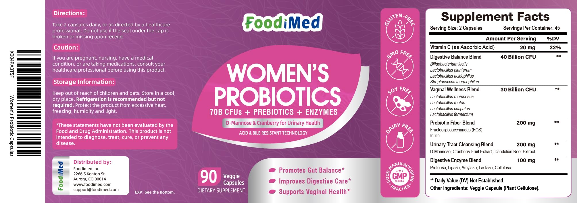 FoodiMed Probiotiques pour Femmes, produit stable sans réfrigération prêt à l'emploi quotidien.