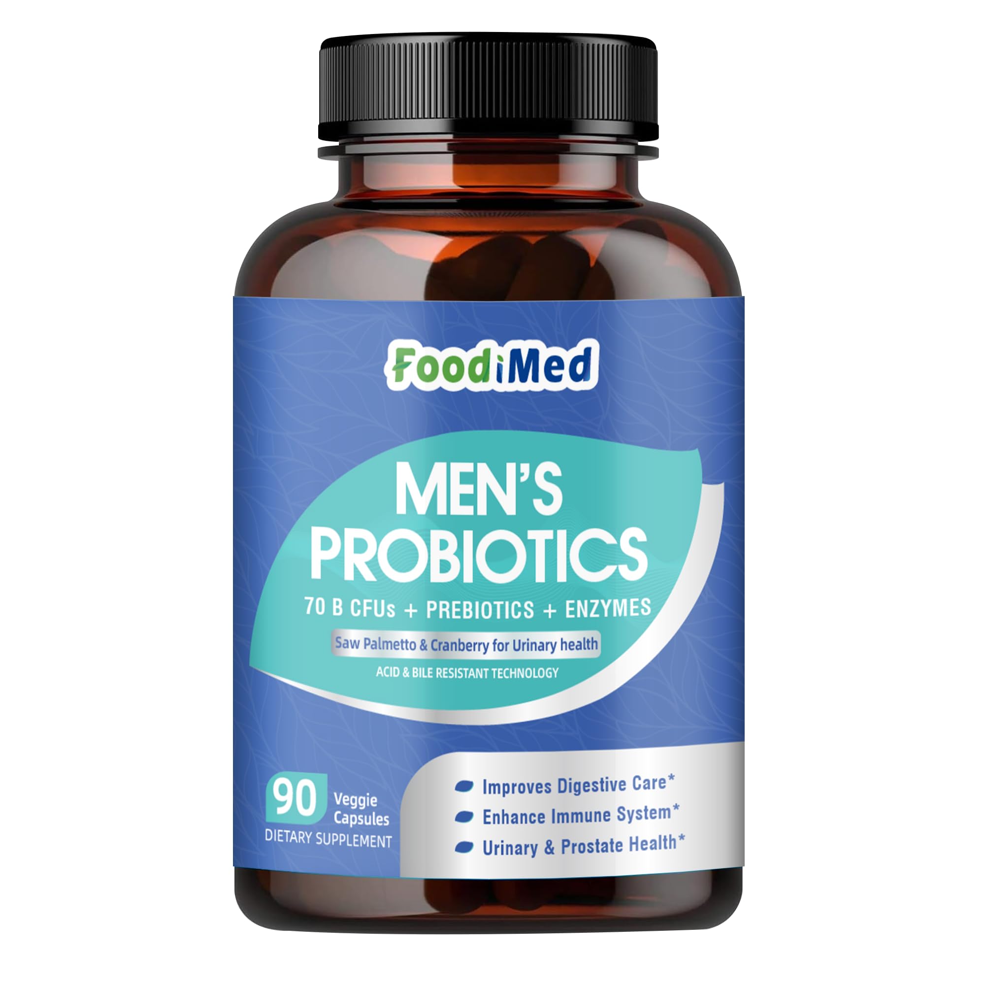 FoodiMed Probiotiques pour hommes - bouteille 90 capsules, soutien digestif quotidien.