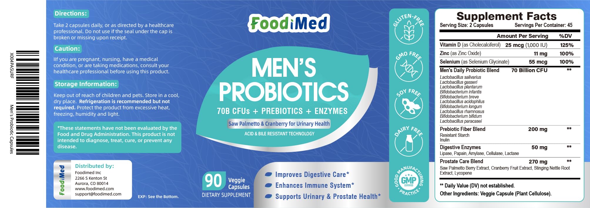 FoodiMed Probiotiques pour hommes - utilisation quotidienne, énergie et confort digestif.