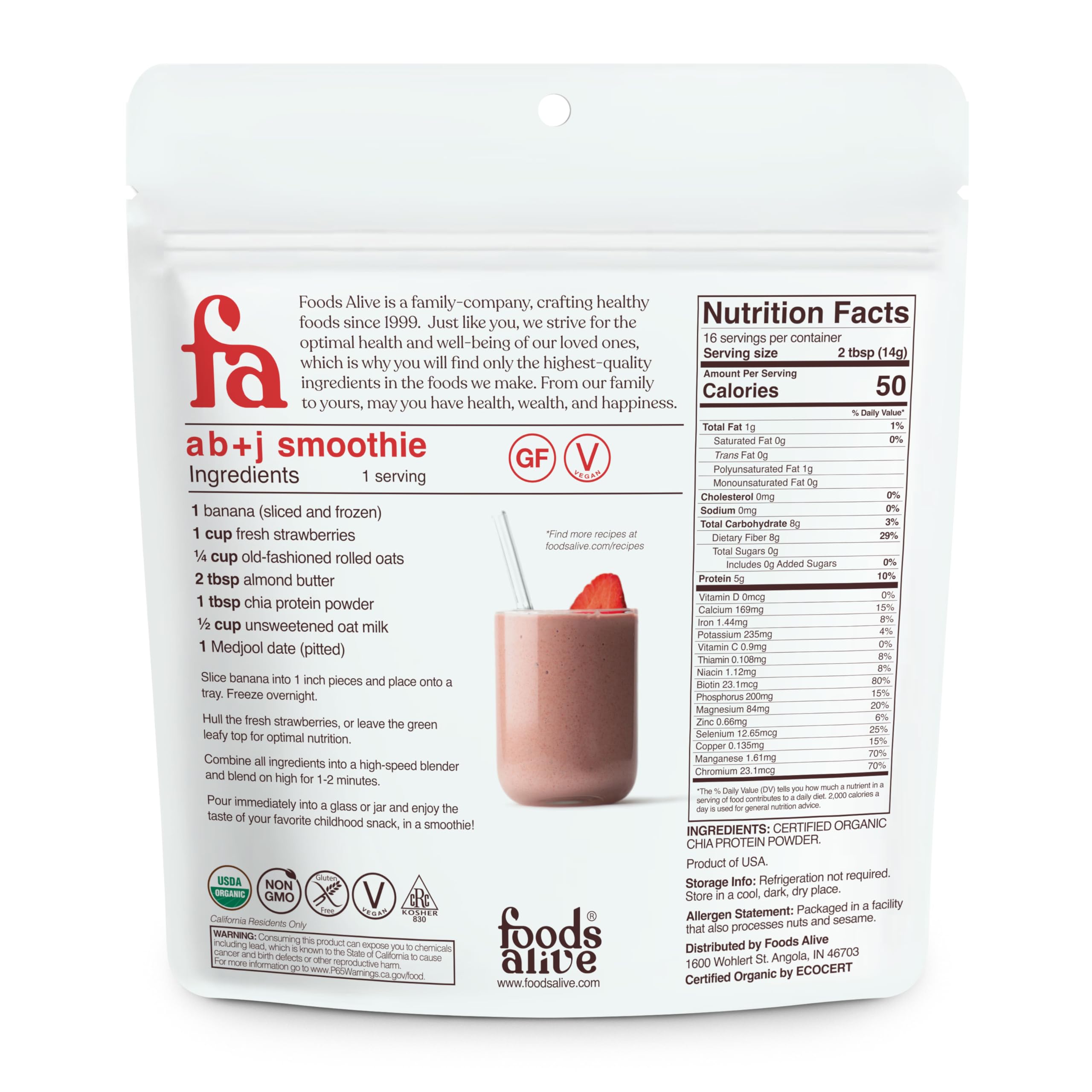 Shake protéiné chia Foods Alive, riche en fibres et protéines végétales.