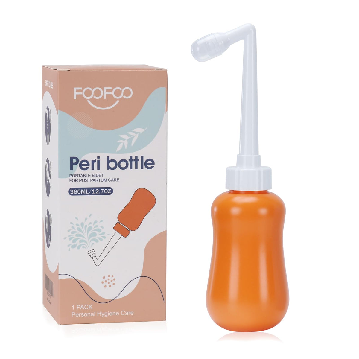 Foofoo Bouteille péri-postpartum orange dans son emballage pratique, prête à être offert.