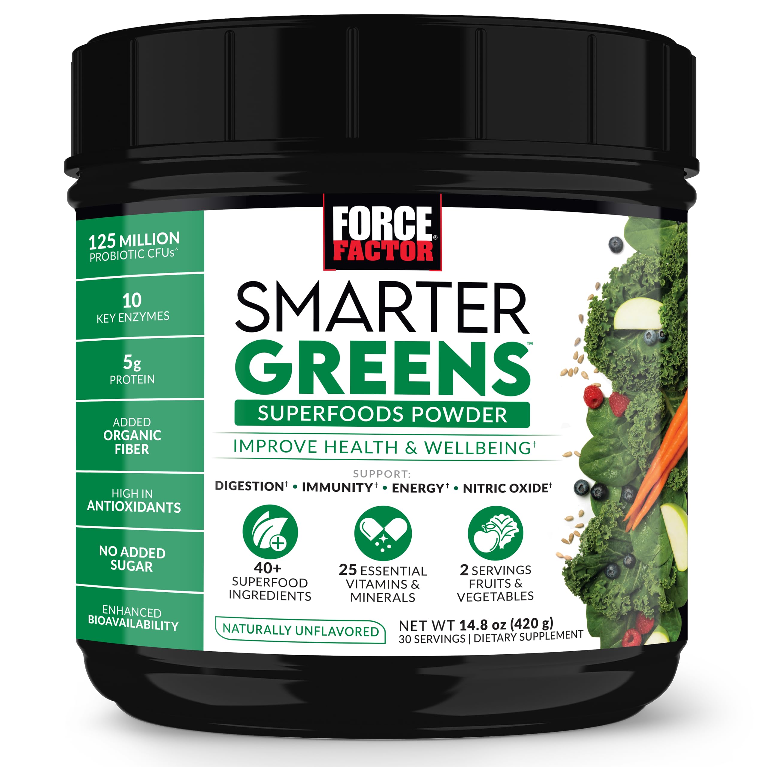Force Factor Smarter Greens Poudre pot emballage: énergie quotidienne sans effort.
