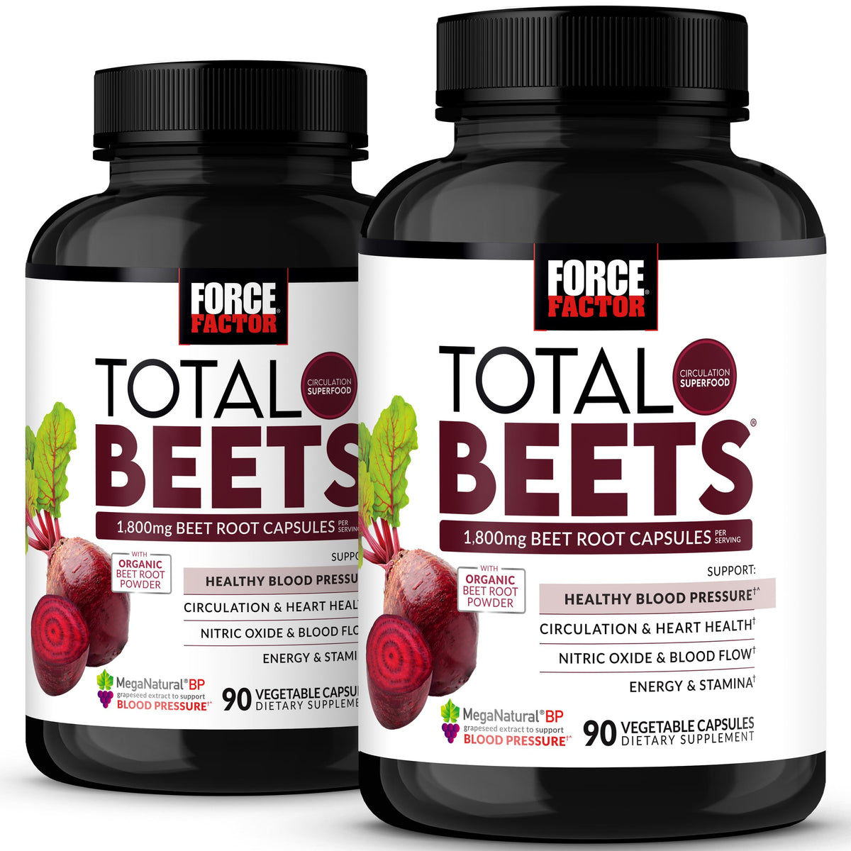 Force Factor Total Beets – bouteille de capsules montrant le soutien potentiel à la circulation.