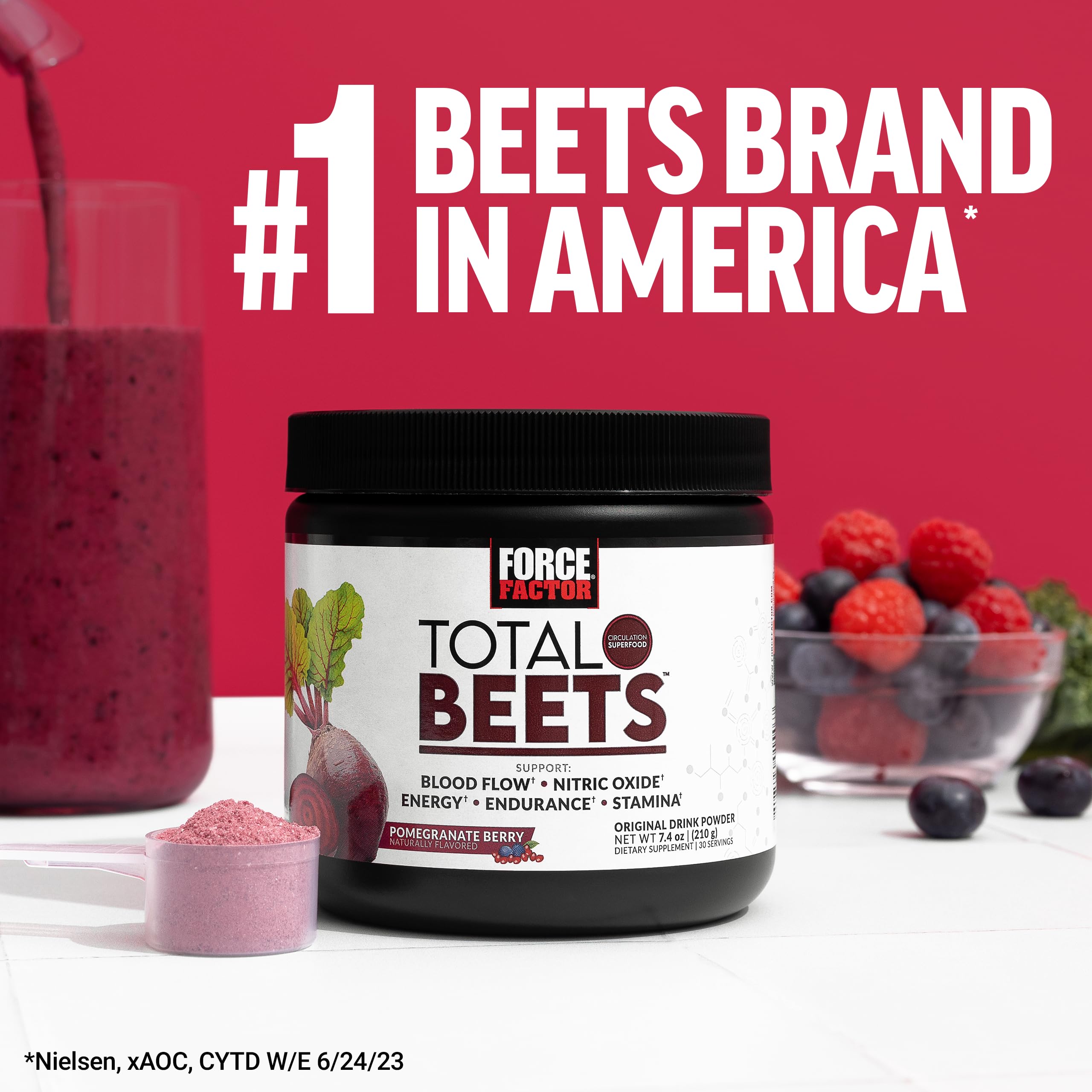 Force Factor Total Beets énergie naturelle sans caféine pour journée active.
