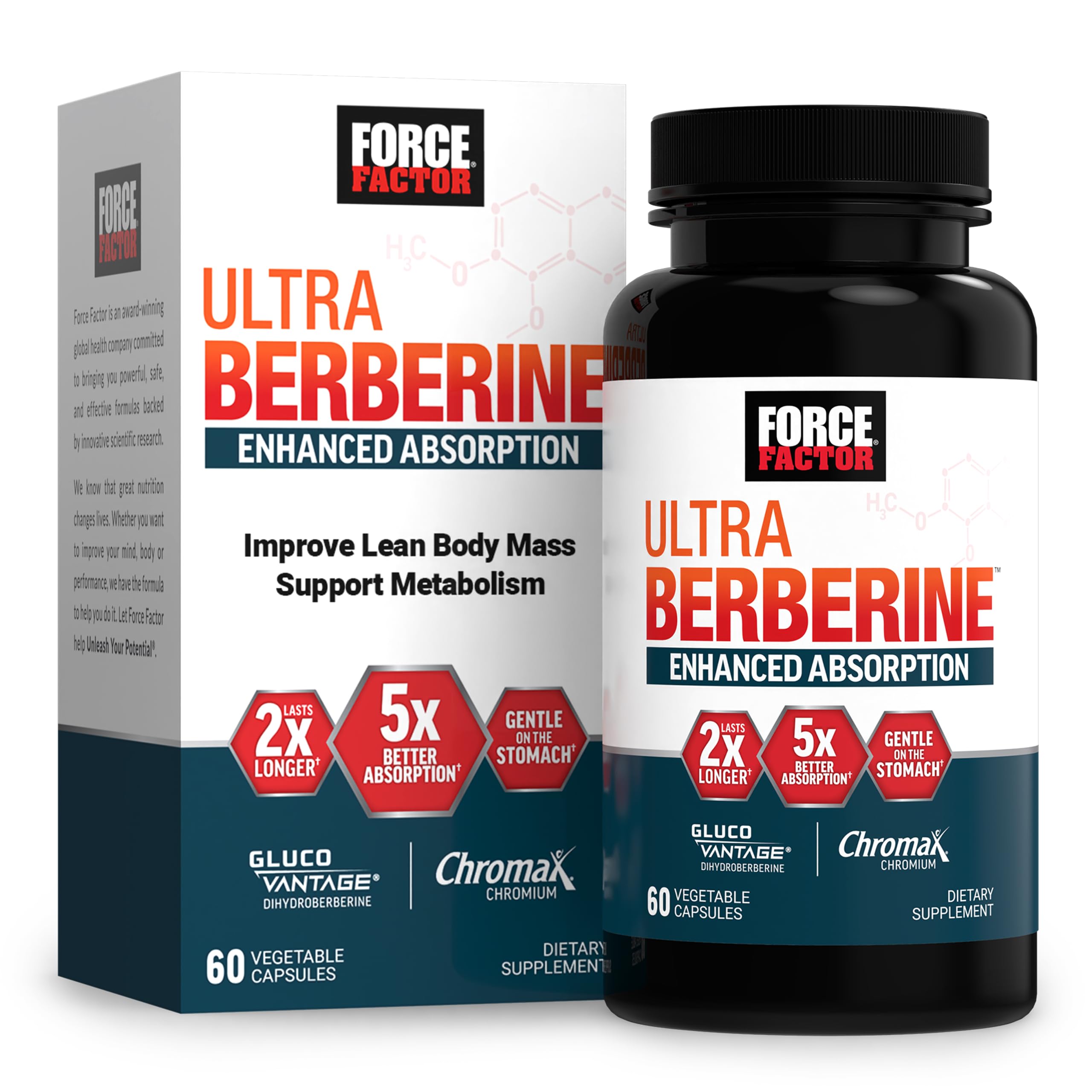 Force Factor Ultra Berberine en bouteille, absorption 5x et soutien métabolique potentiel.