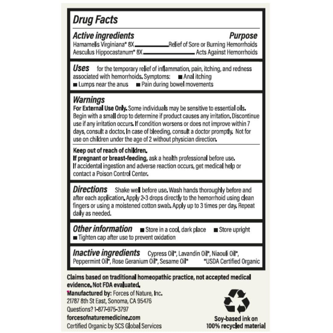 Forces of Nature Hemorrhoid Control — emballage présentant ingrédients biologiques