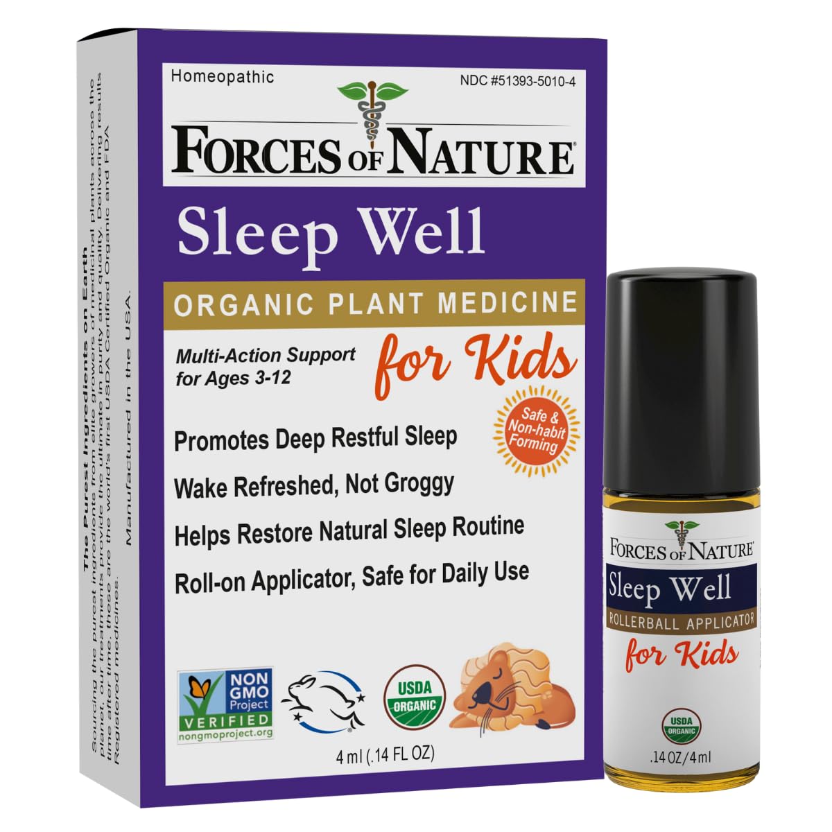 Forces of Nature Sleep Well for Kids, bouteille-roll-on prête au coucher, soin naturel.