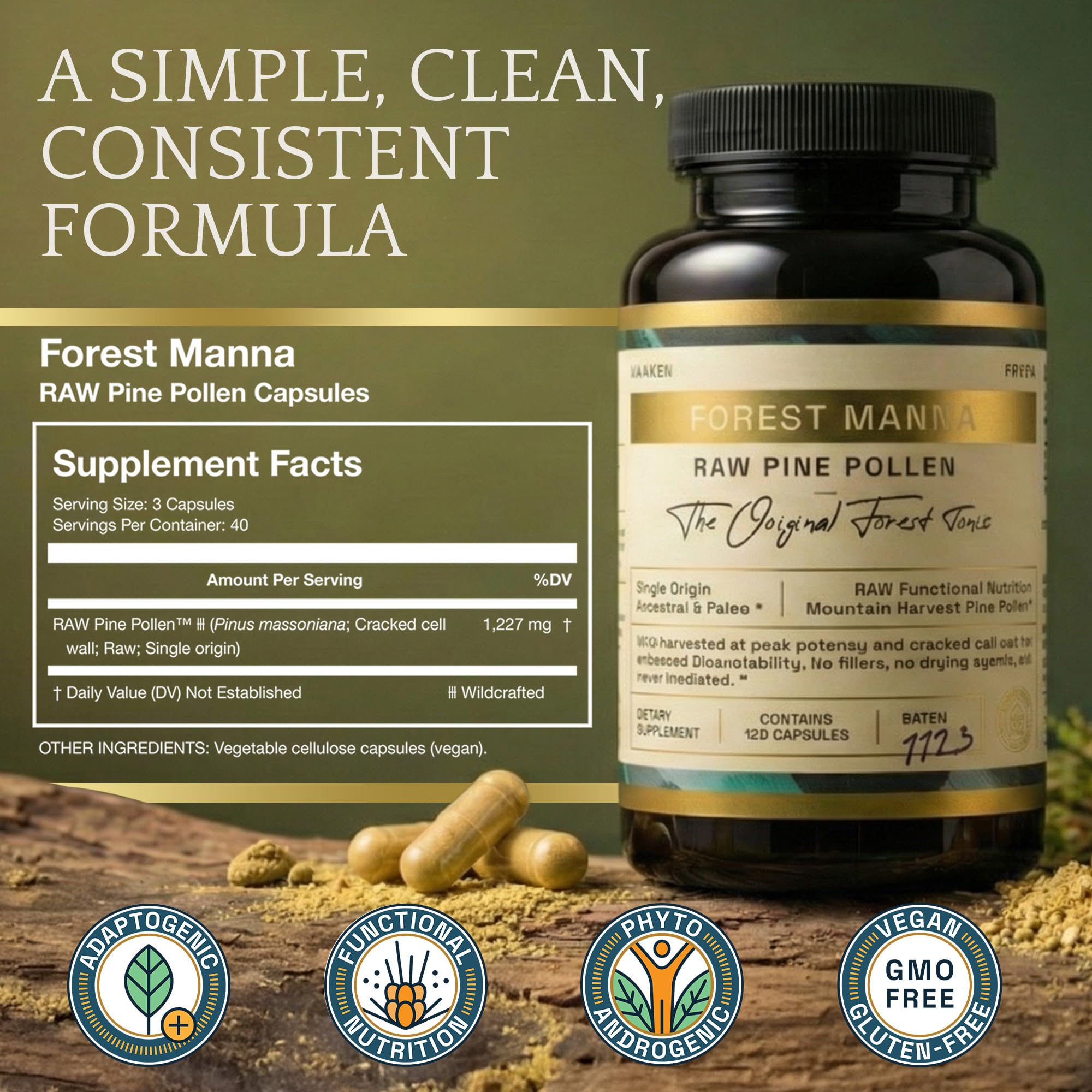 Forest Manna Pine Pollen Capsules: expertise depuis 2010, formulation pensée pour l'équilibre quotidien.