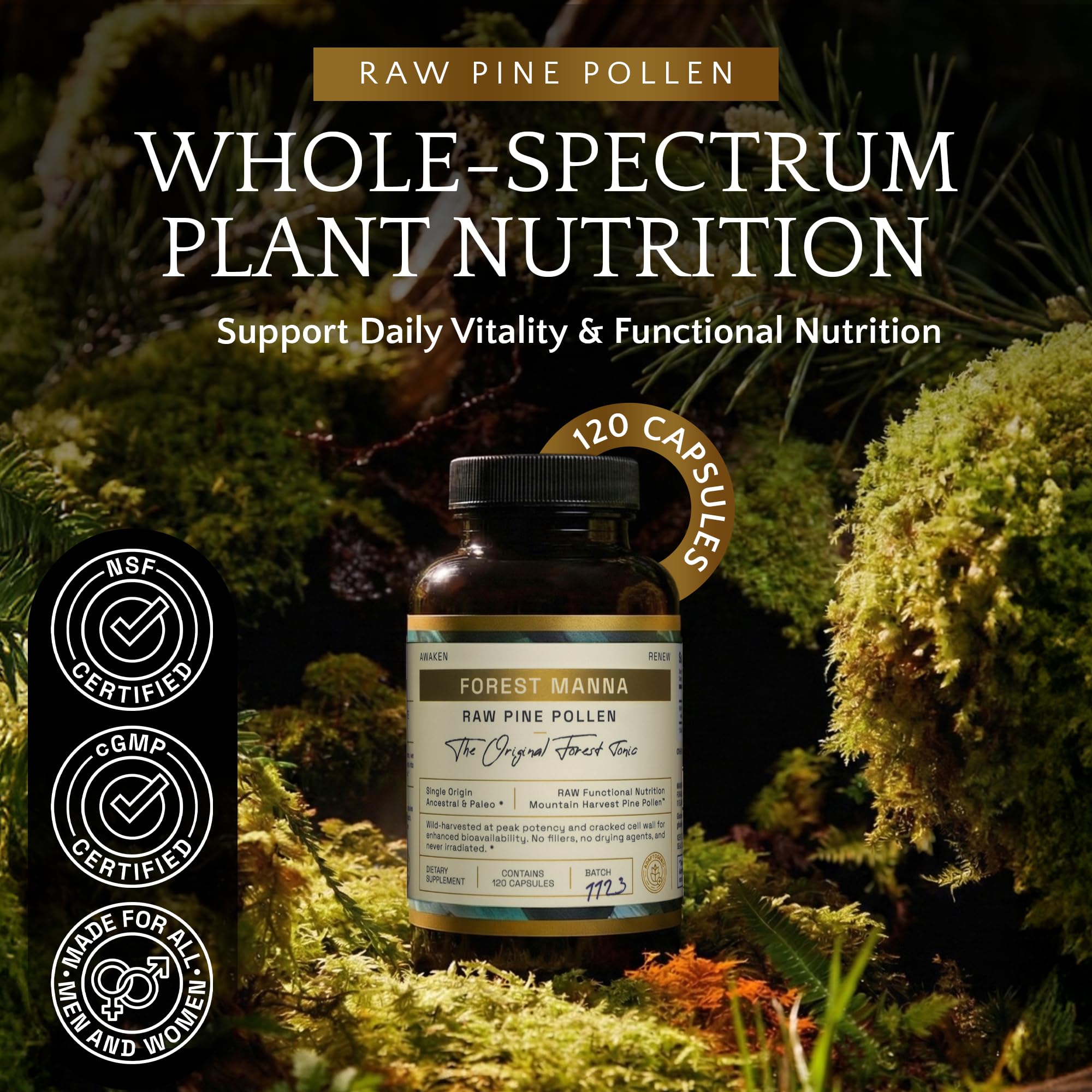 Forest Manna Pine Pollen Capsules: gros plan sur les capsules, pratique au quotidien.