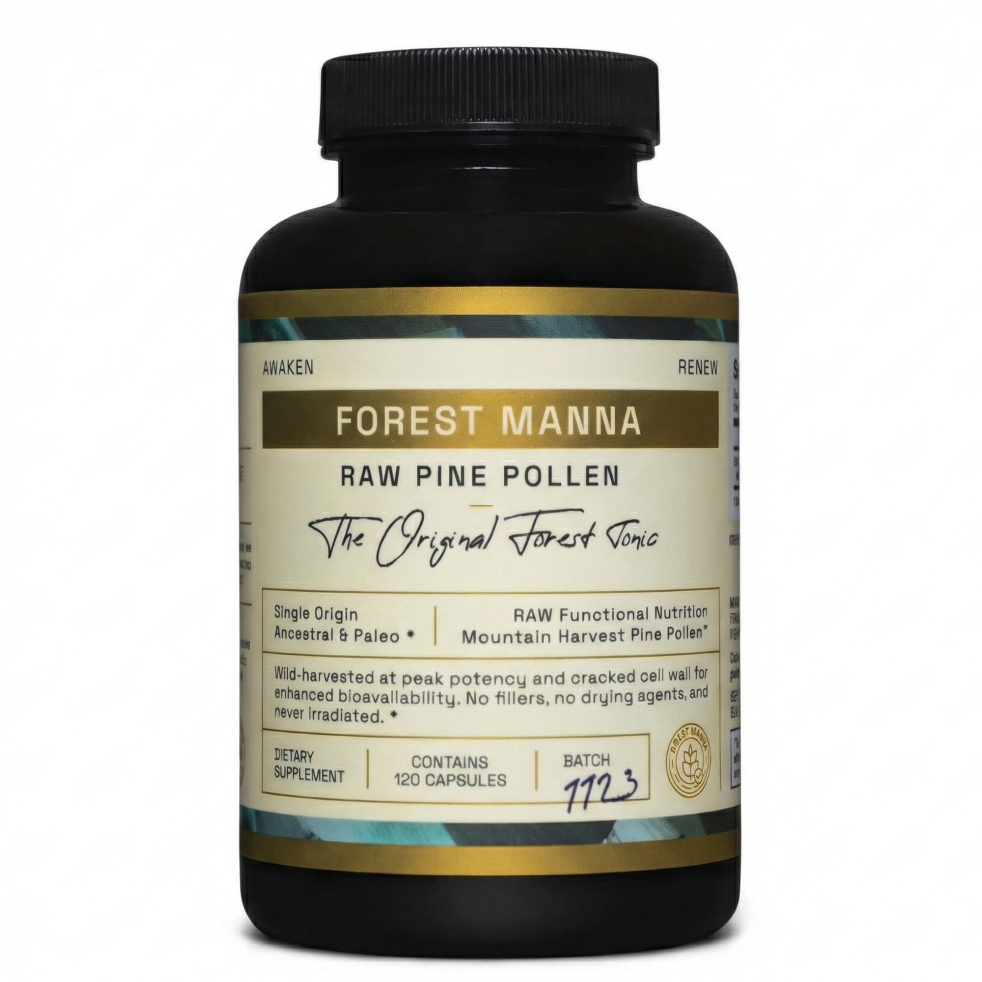 Forest Manna Pine Pollen Capsules: bouteille visible, soutien potentiel à l'énergie naturelle.