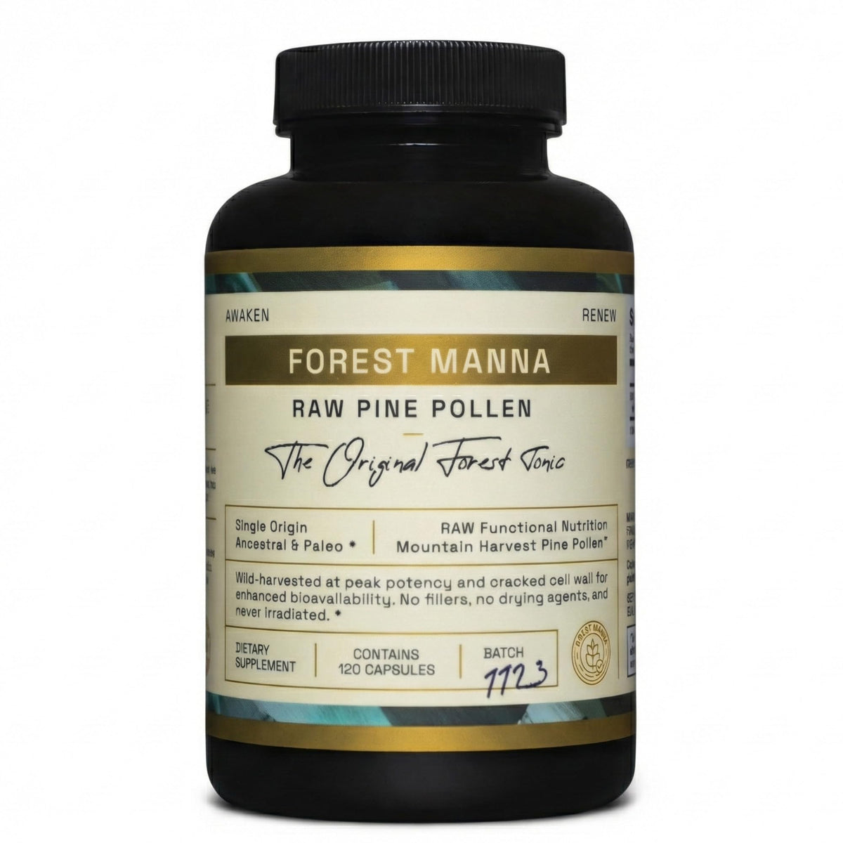 Forest Manna Pine Pollen Capsules: bouteille visible, soutien potentiel à l'énergie naturelle.