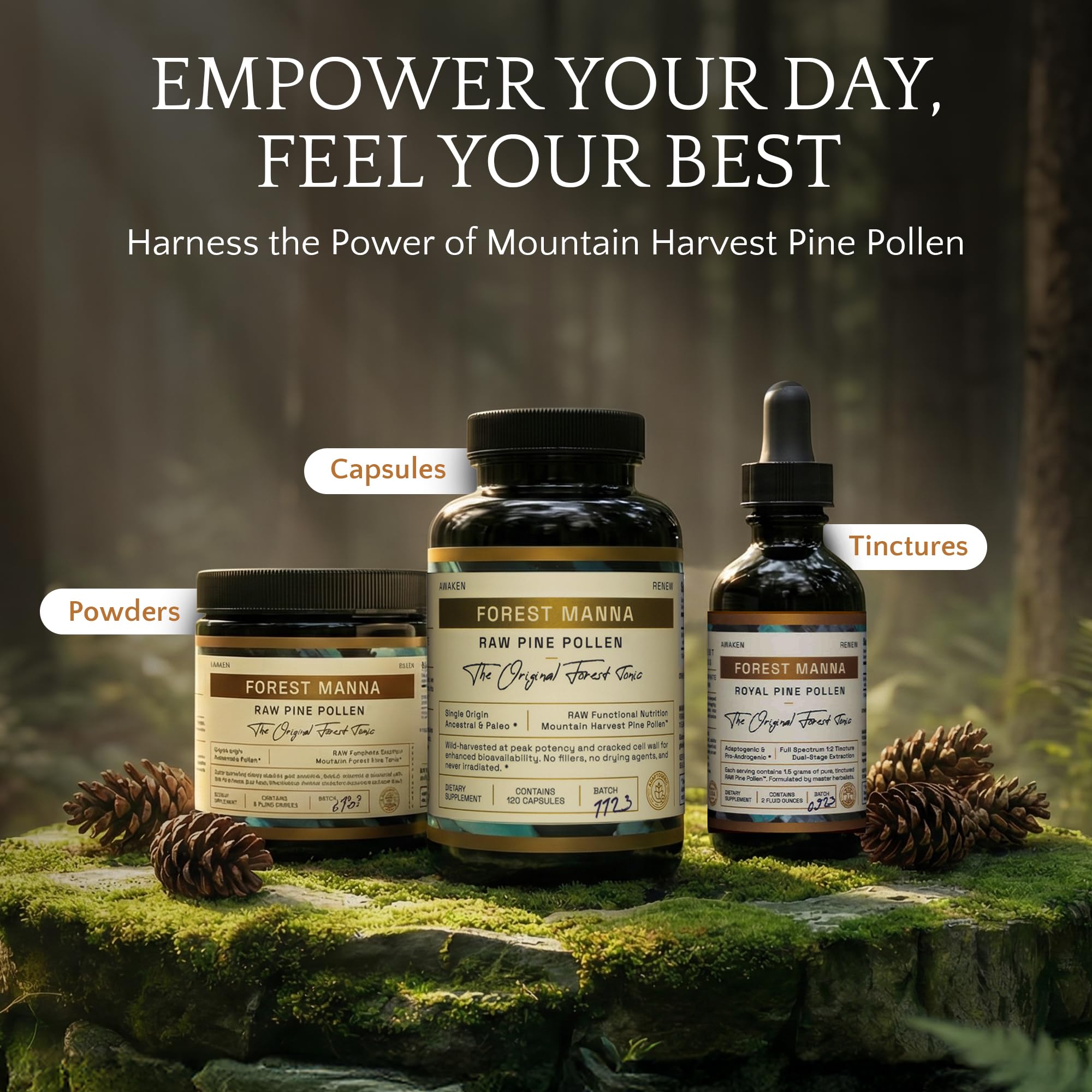 Forest Manna Pine Pollen Capsules: routine quotidienne simple, dosage précis et pratique.