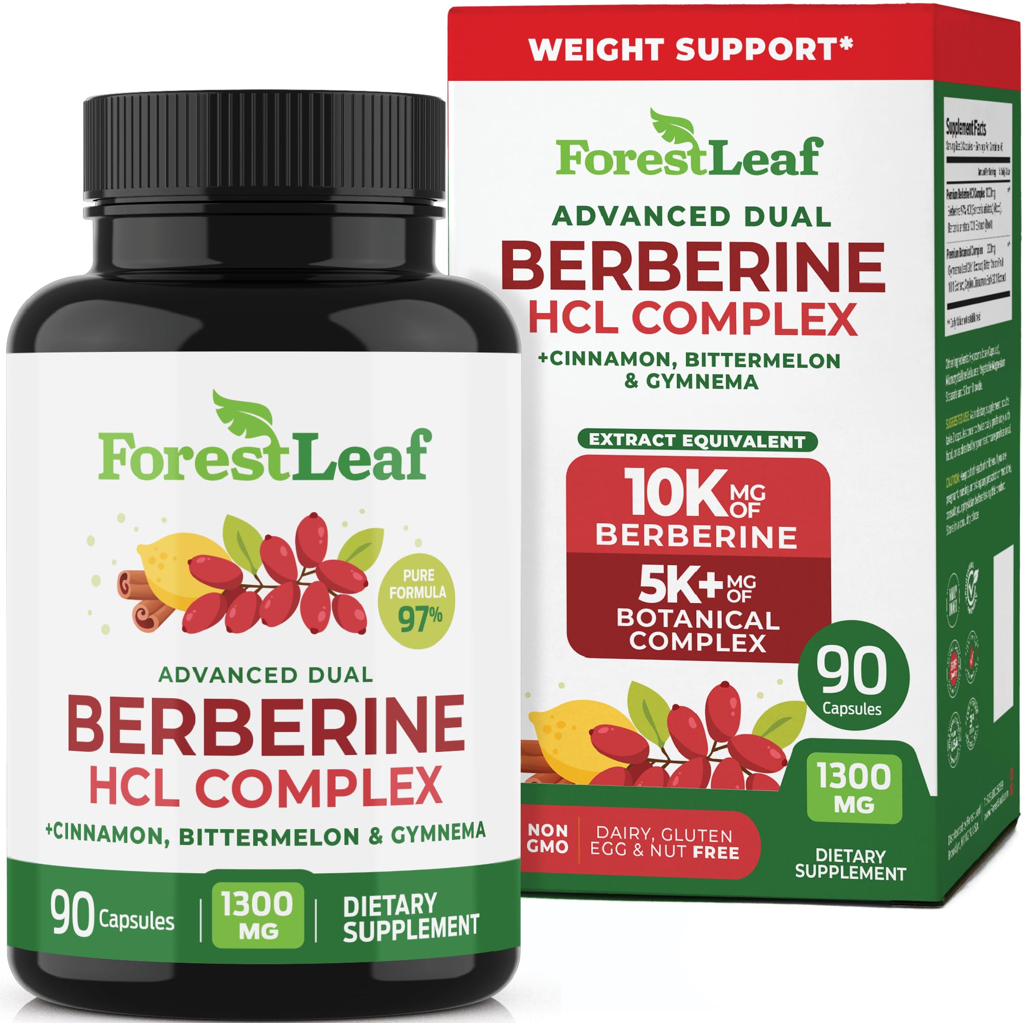 ForestLeaf Berberine HCl 1300 mg – flacon et capsules faciles à prendre.