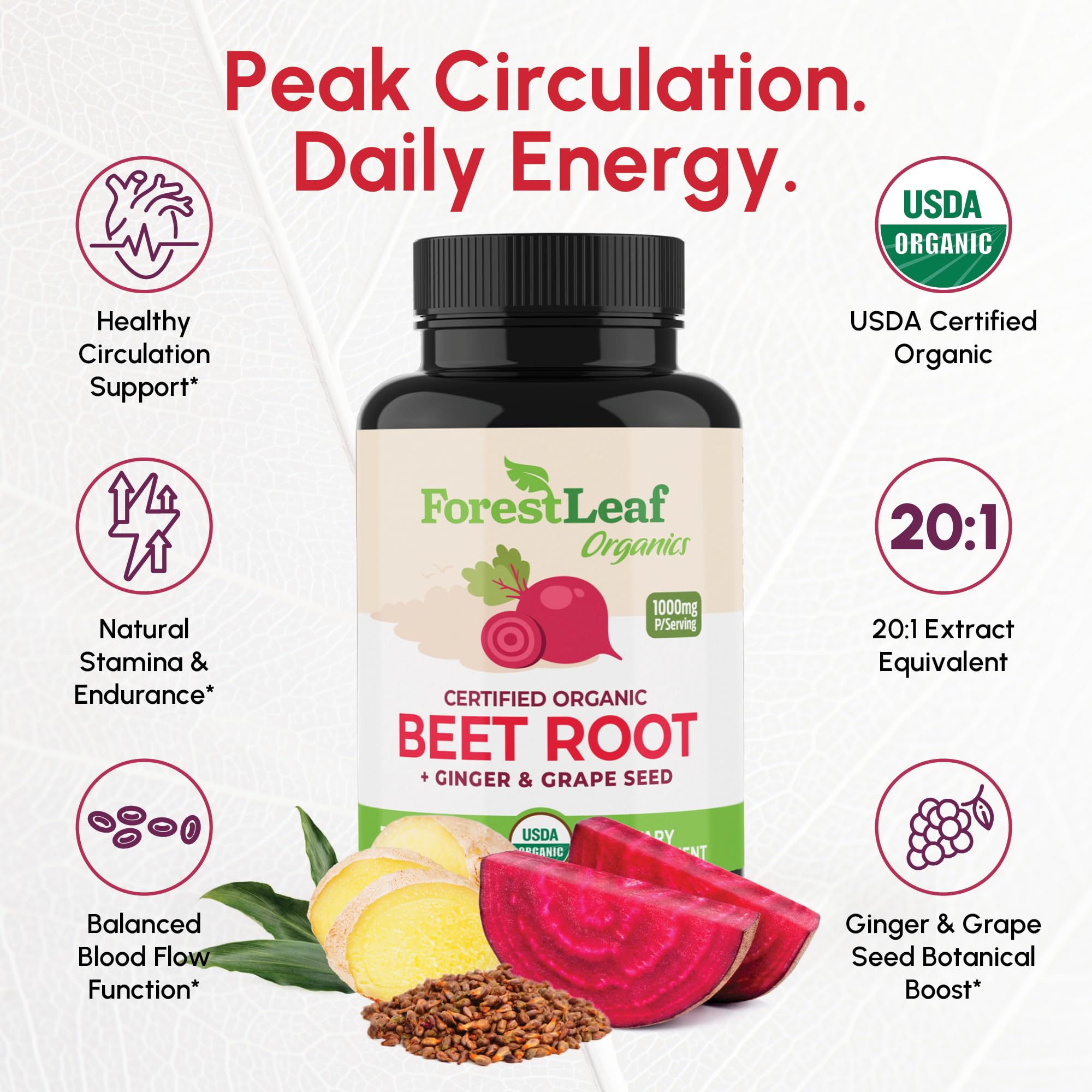 ForestLeaf Betterave bio – capsules visibles, mélange gingembre et raisin pour absorption.
