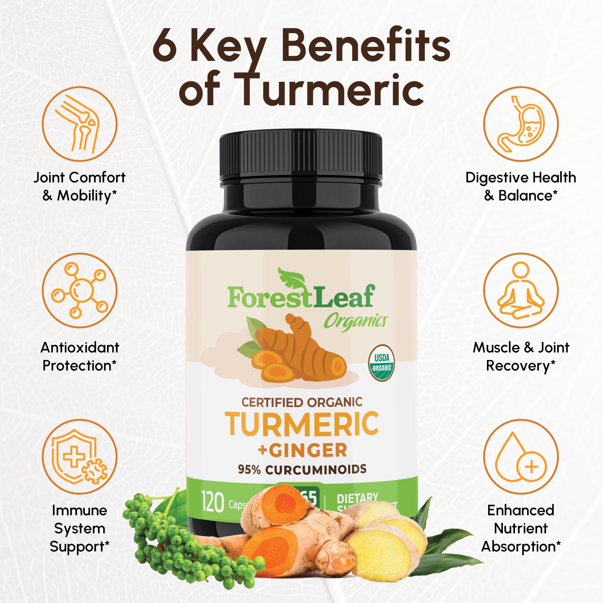 ForestLeaf capsules-curcuma-gingembre-2265mg: absorption améliorée grâce à BioPerine.
