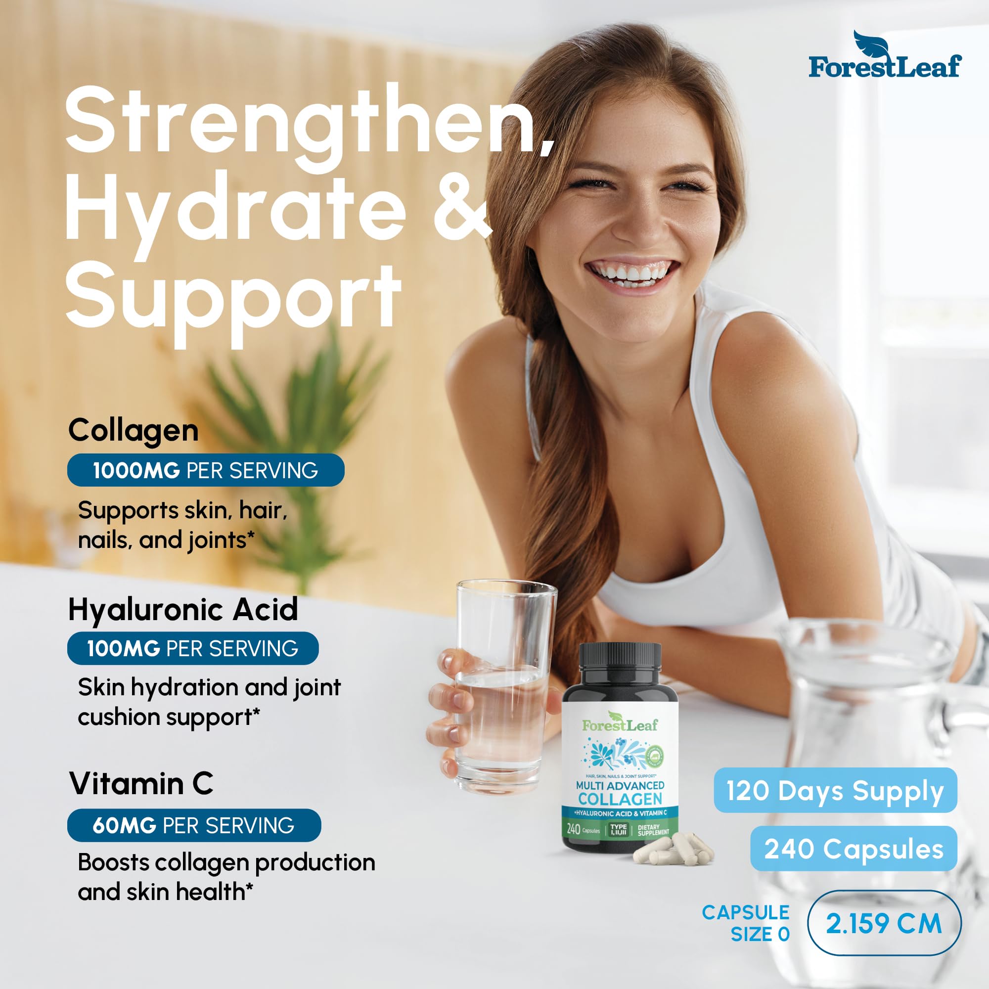 ForestLeaf collagène avec hyaluronique et vitamine C pour l’éclat de la peau.