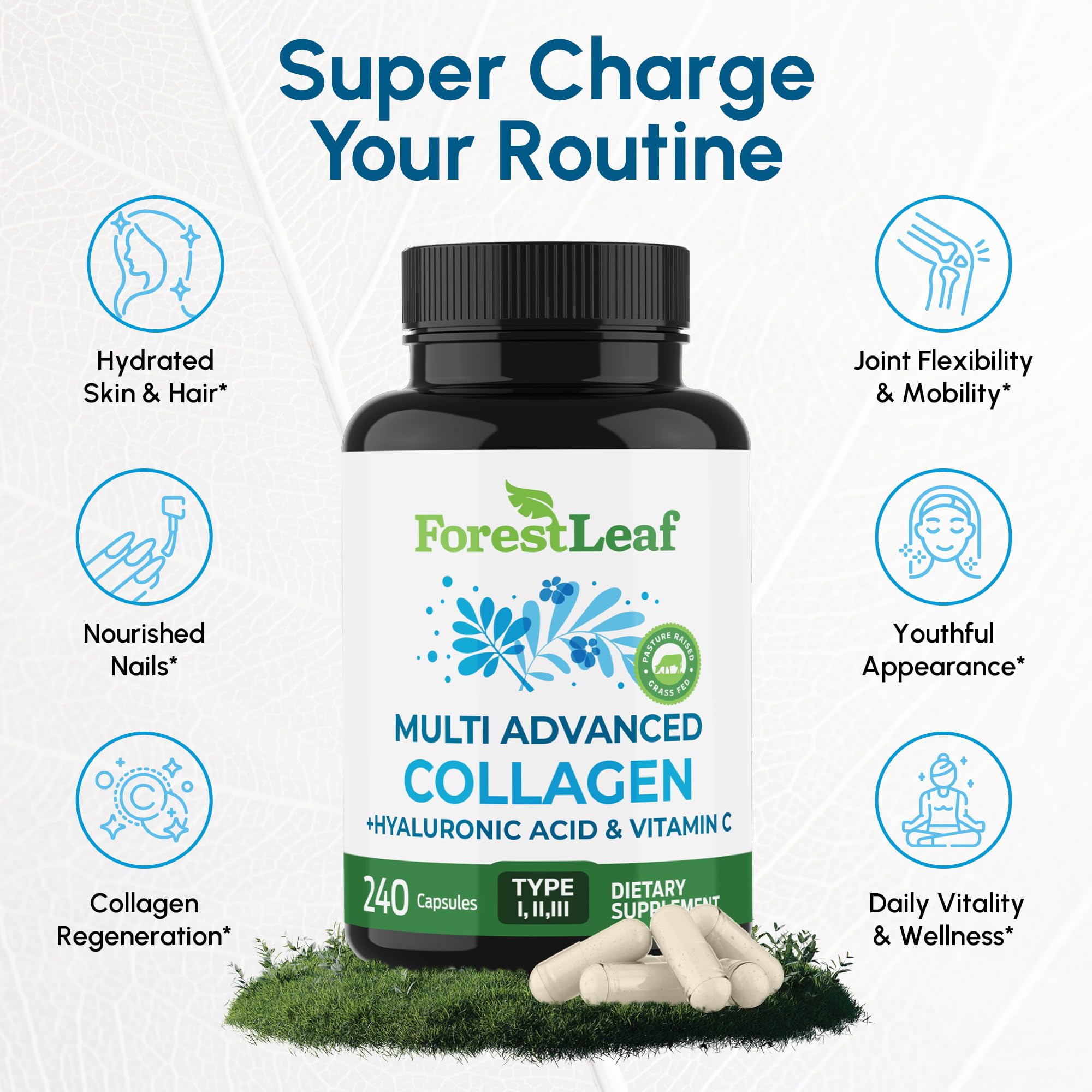 ForestLeaf collagène hydrolysé soutient l’élasticité et la fermeté de la peau.