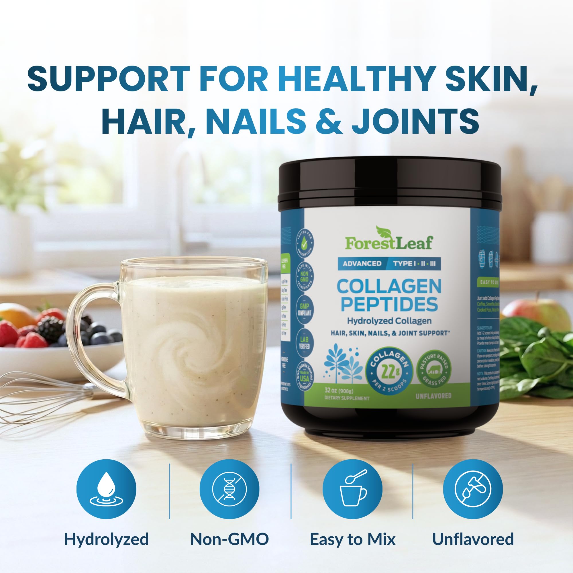 ForestLeaf collagene en poudre sans goût idéal pour smoothies quotidiens.