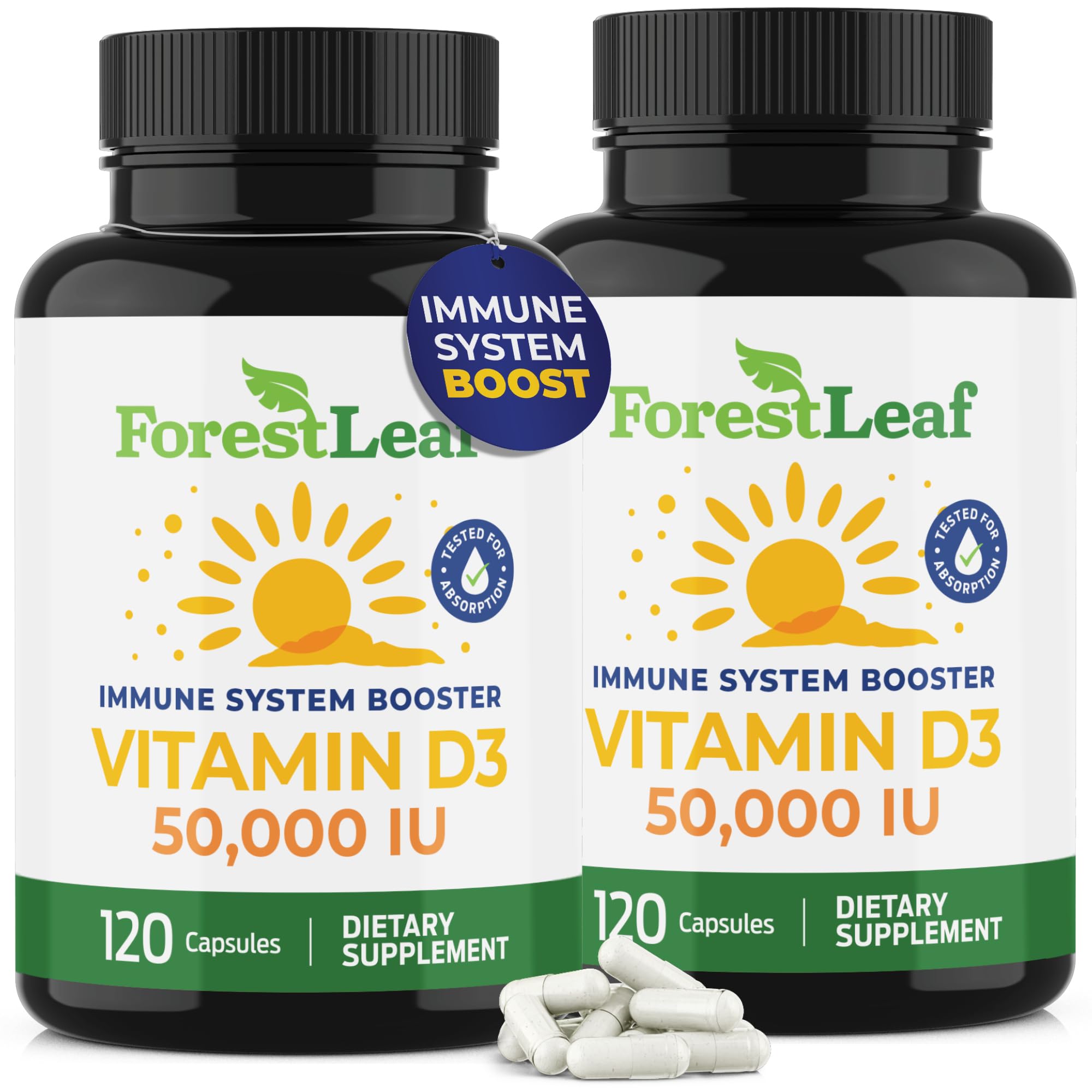 ForestLeaf D3 50 000 UI en bouteille, soutien des os et du système immunitaire.