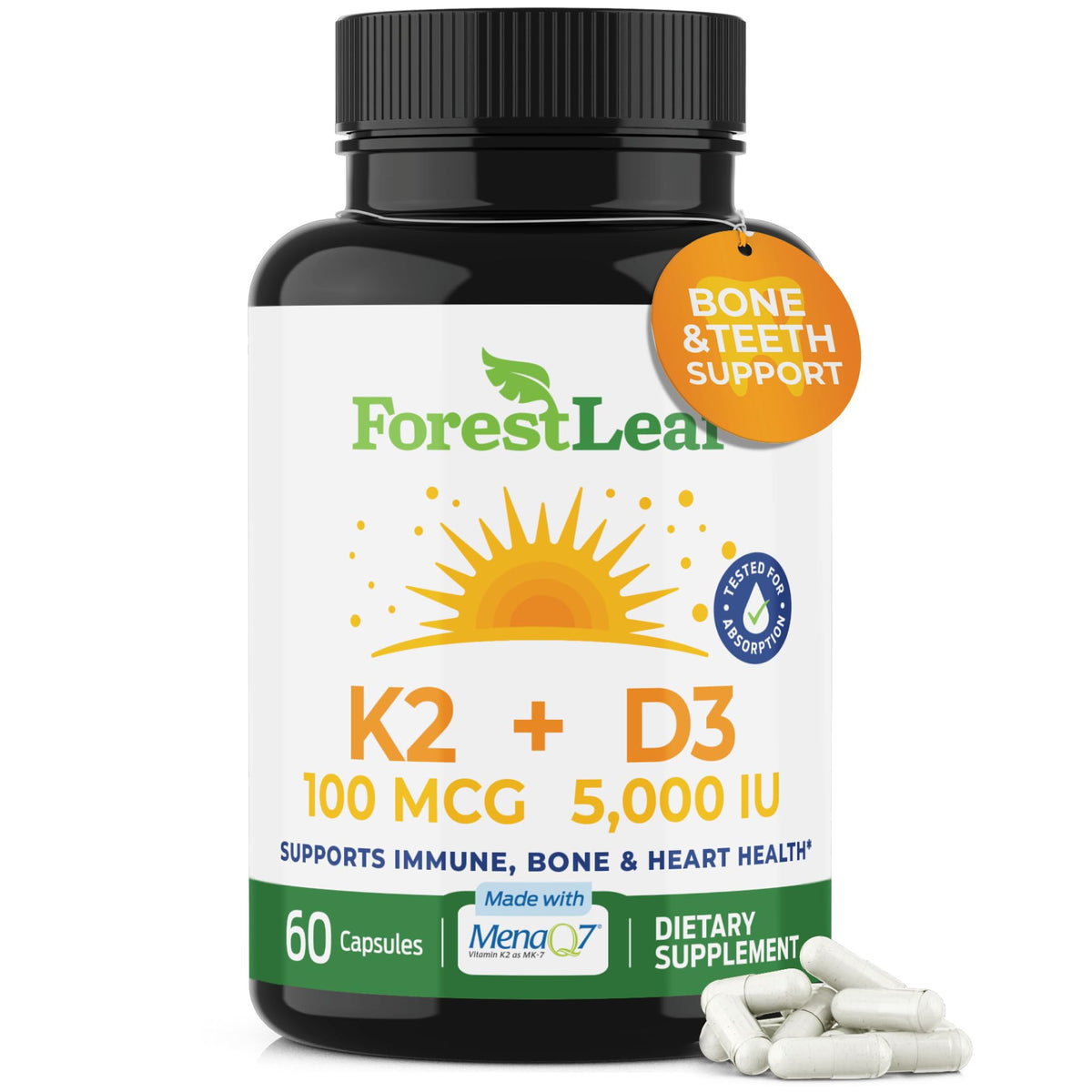 ForestLeaf D3+K2, bouteille végétale, soutien potentiel des os et du système immunitaire.