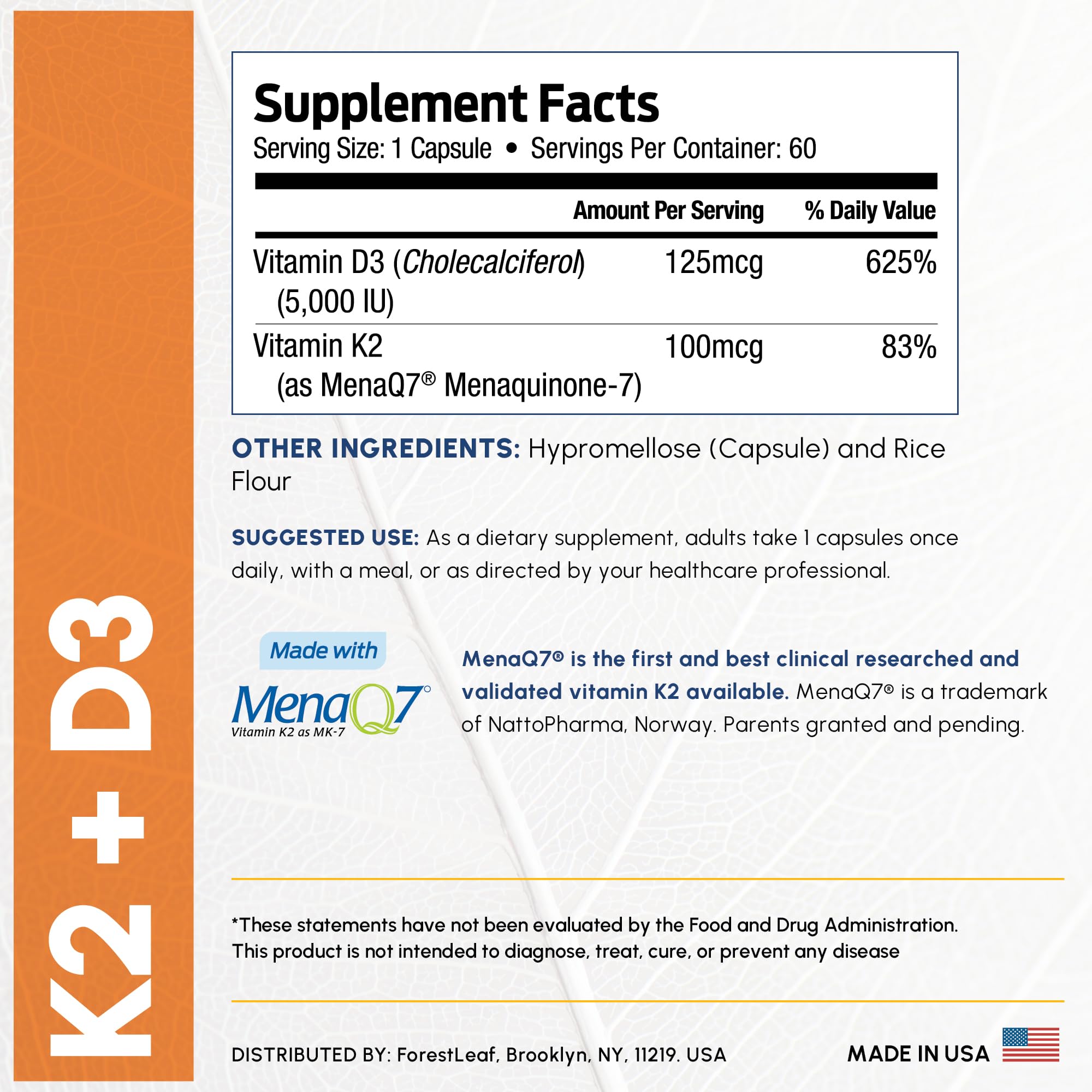 ForestLeaf D3+K2, emballage sans allergènes, produit sain et pur.
