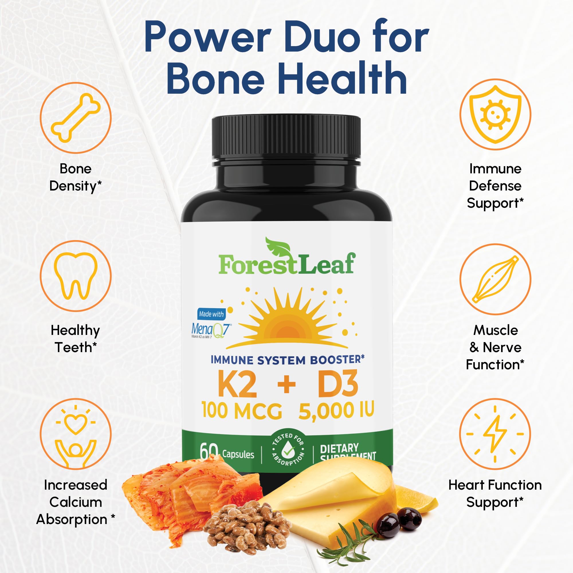 ForestLeaf D3+K2, étiquette lisible, dosage quotidien simple et clair.
